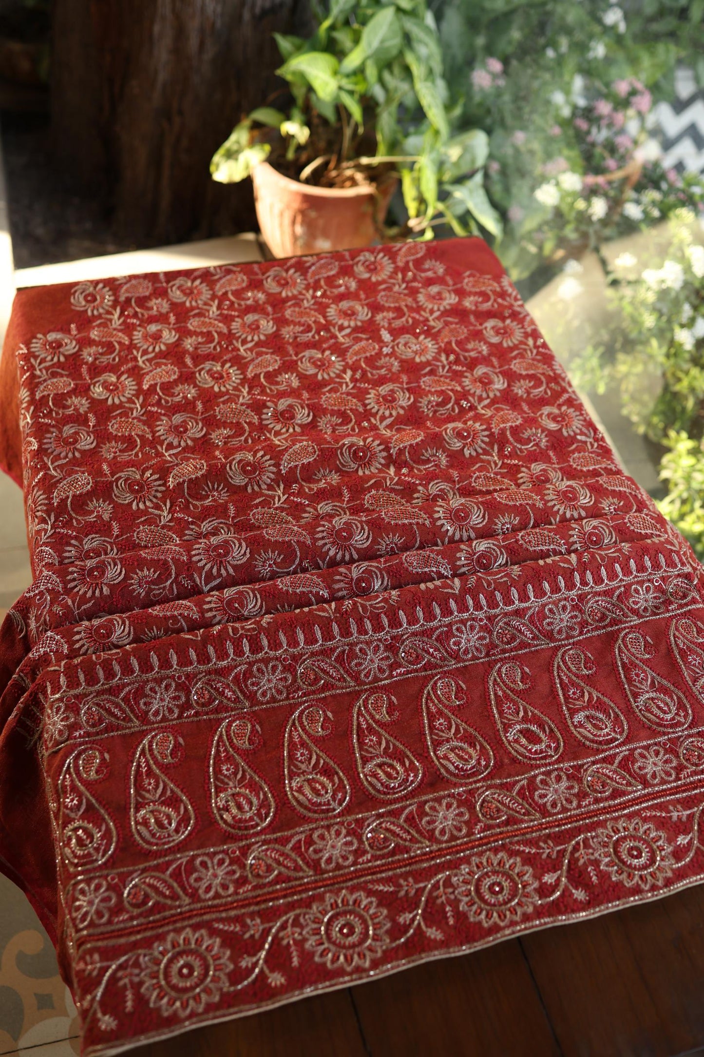 Rust Orange Shade Roheen Tissue Silk Chikankari Unstitched Fabric