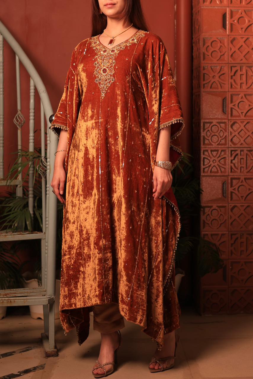 Rust Orange | Silk Velvet Zardozi Kaftans