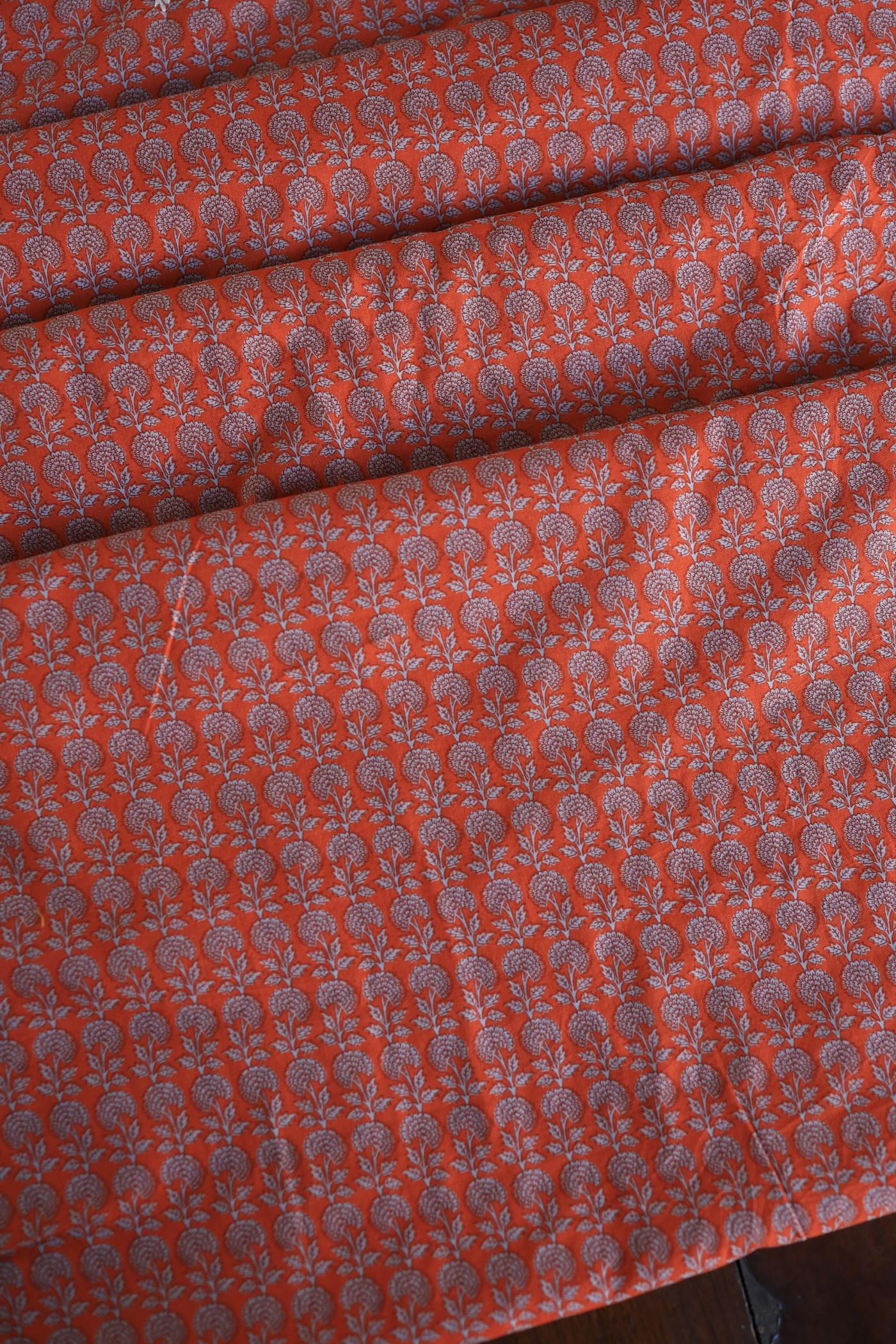 Rust Red Floral Cotton Kurta Fabric with Chikankari Embroidered Neckline