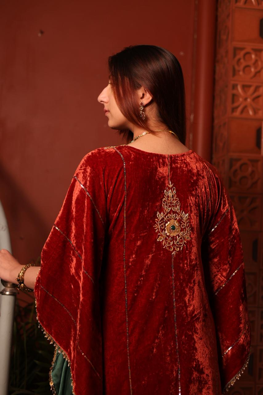 Rust Red | Silk Velvet Zardozi Kaftans