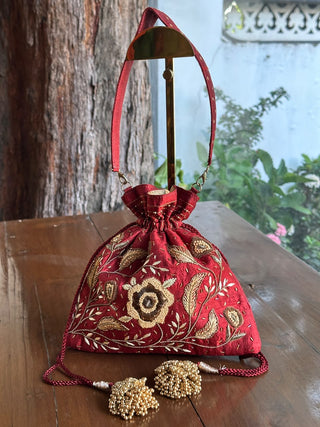 Rust Red & Gold Raw Silk Zardosi Polti Bags