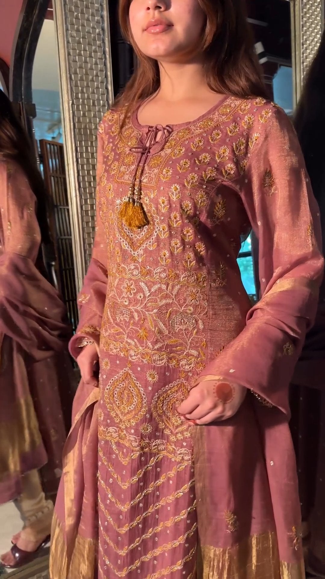 Rust Rose Shade Tissue Silk Chikankari Anarkali With Ari Work