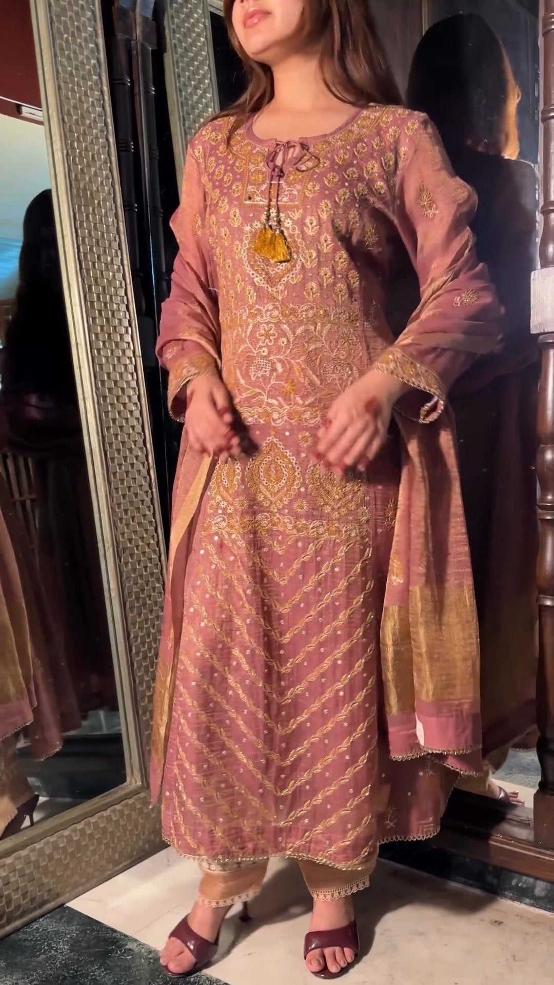 Rust Rose Shade Tissue Silk Chikankari Anarkali With Ari Work
