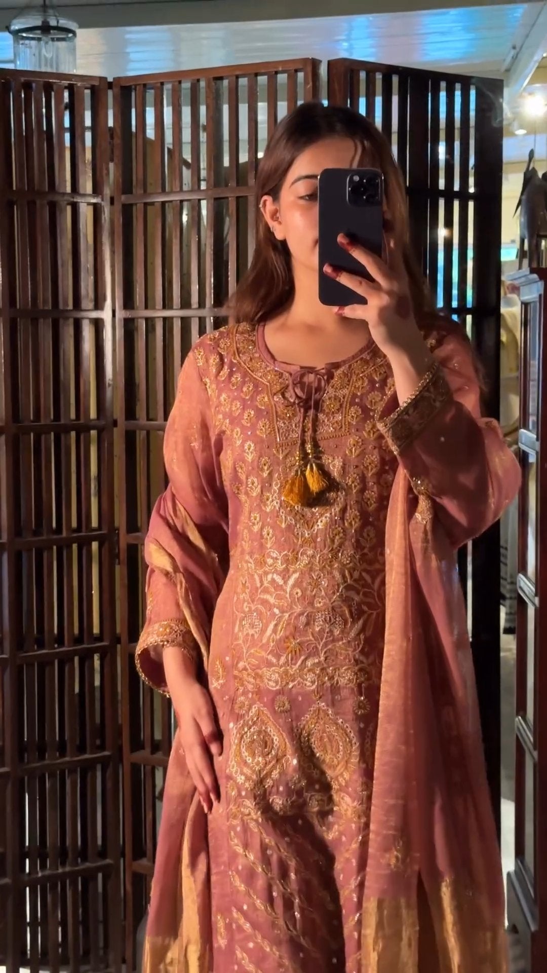 Rust Rose Shade Tissue Silk Chikankari Anarkali With Ari Work