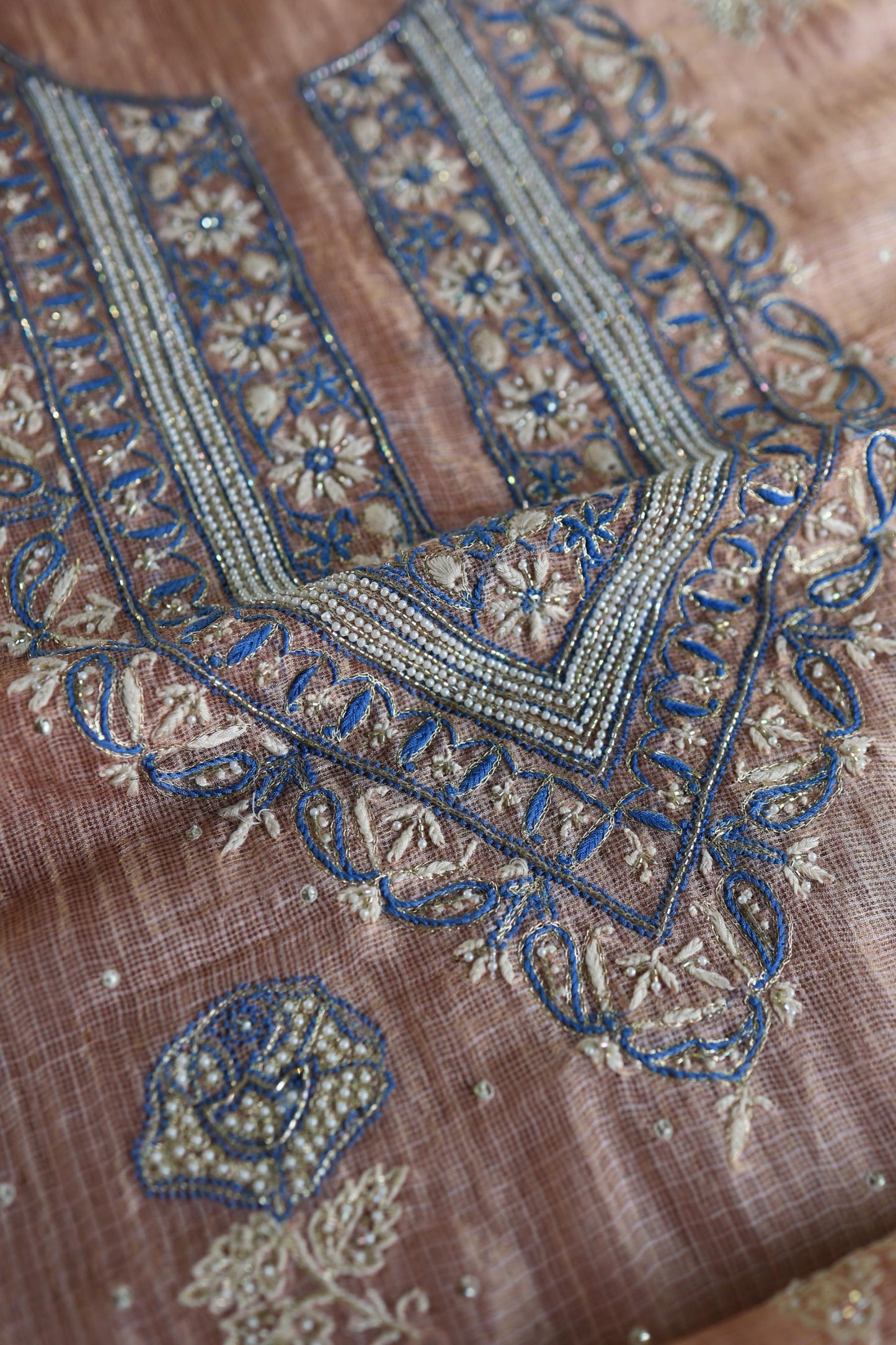 Rust Shade Tissue Kota Chikankari Unstitched Fabric