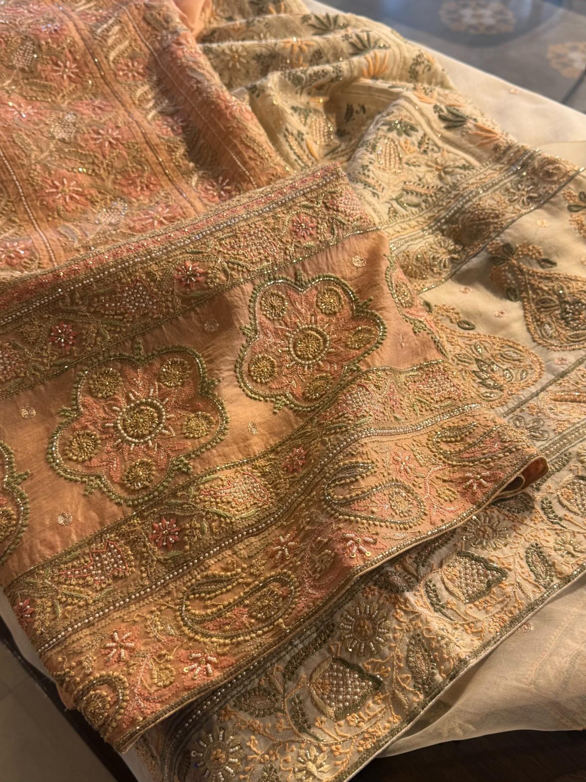 Saffron Peach Noor Banarasi Organza Chikankari Unstitched Fabrics