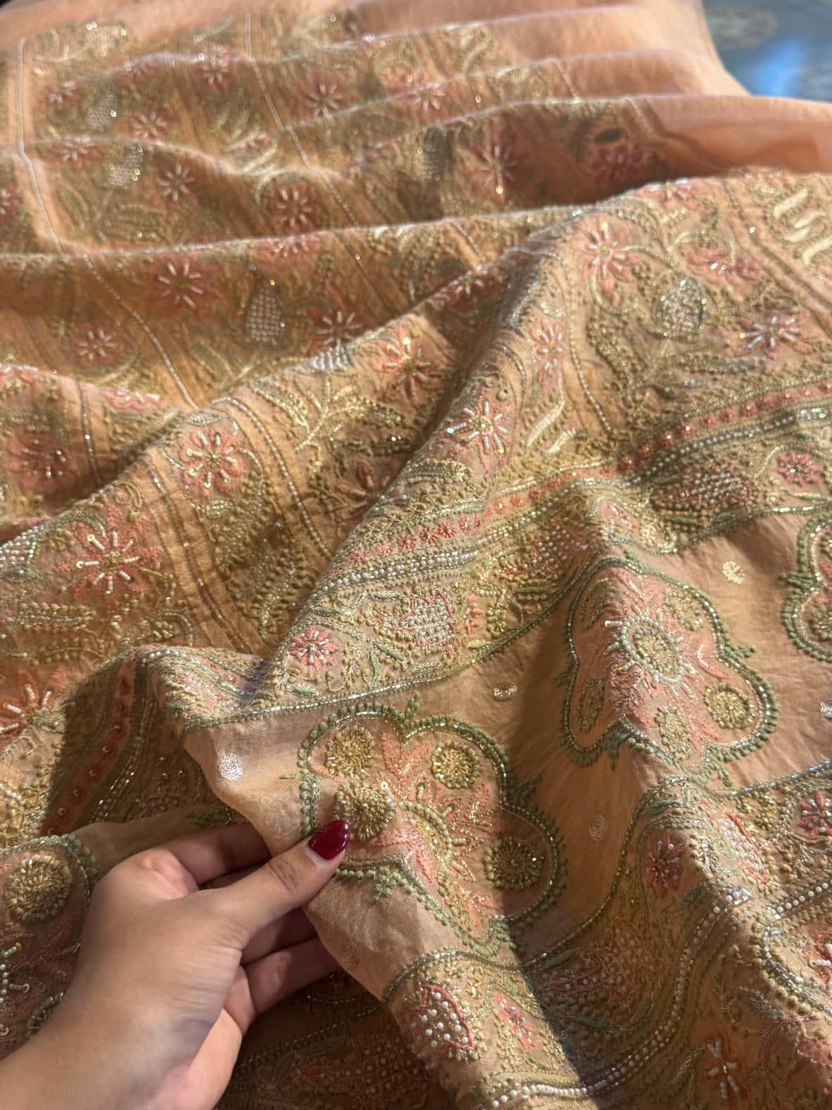 Saffron Peach Noor Banarasi Organza Chikankari Unstitched Fabrics