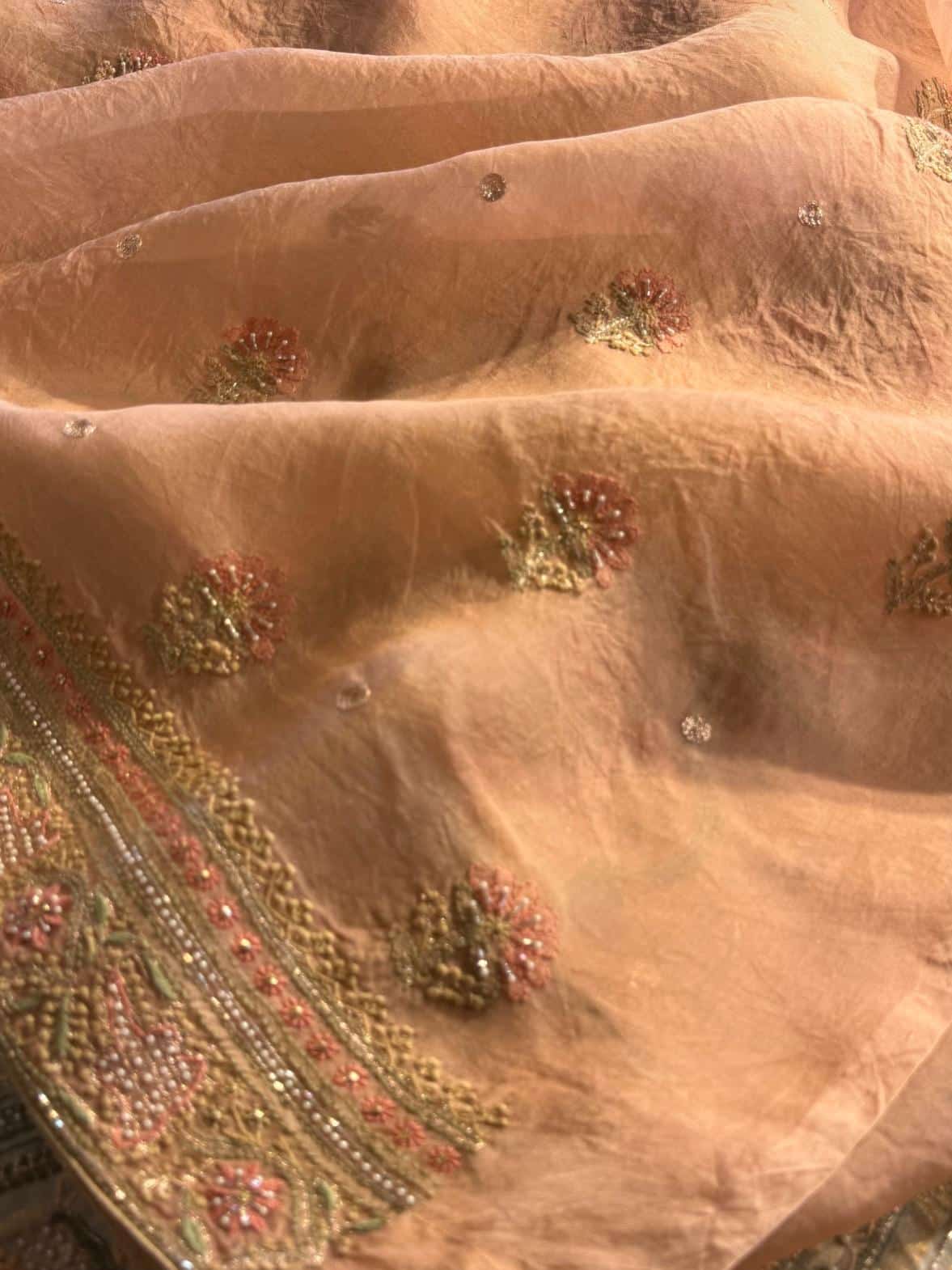 Saffron Peach Noor Banarasi Organza Chikankari Unstitched Fabrics