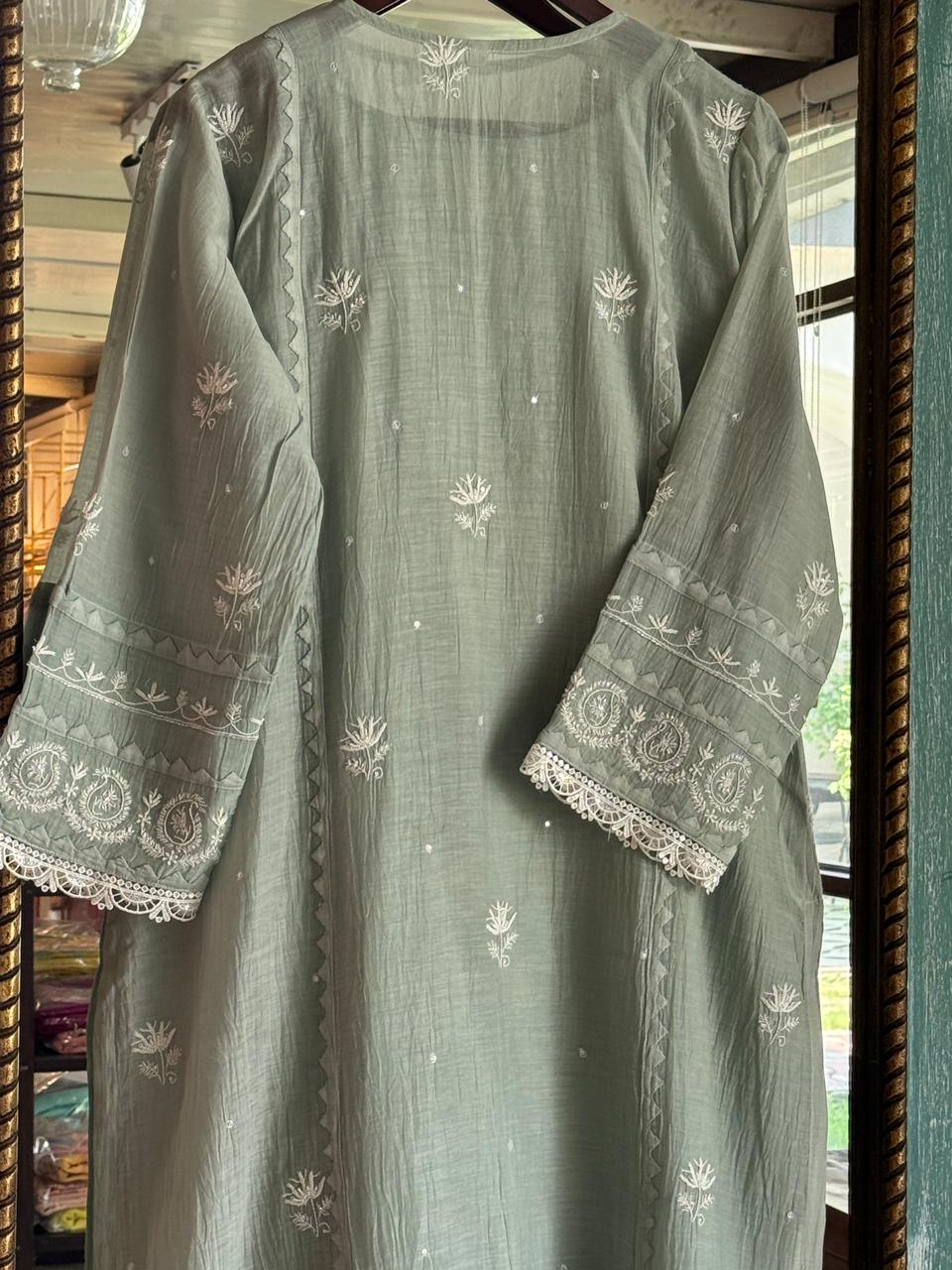Sage Green Mulmul Pearl White Chikankari Ready to Wear Kurta Set