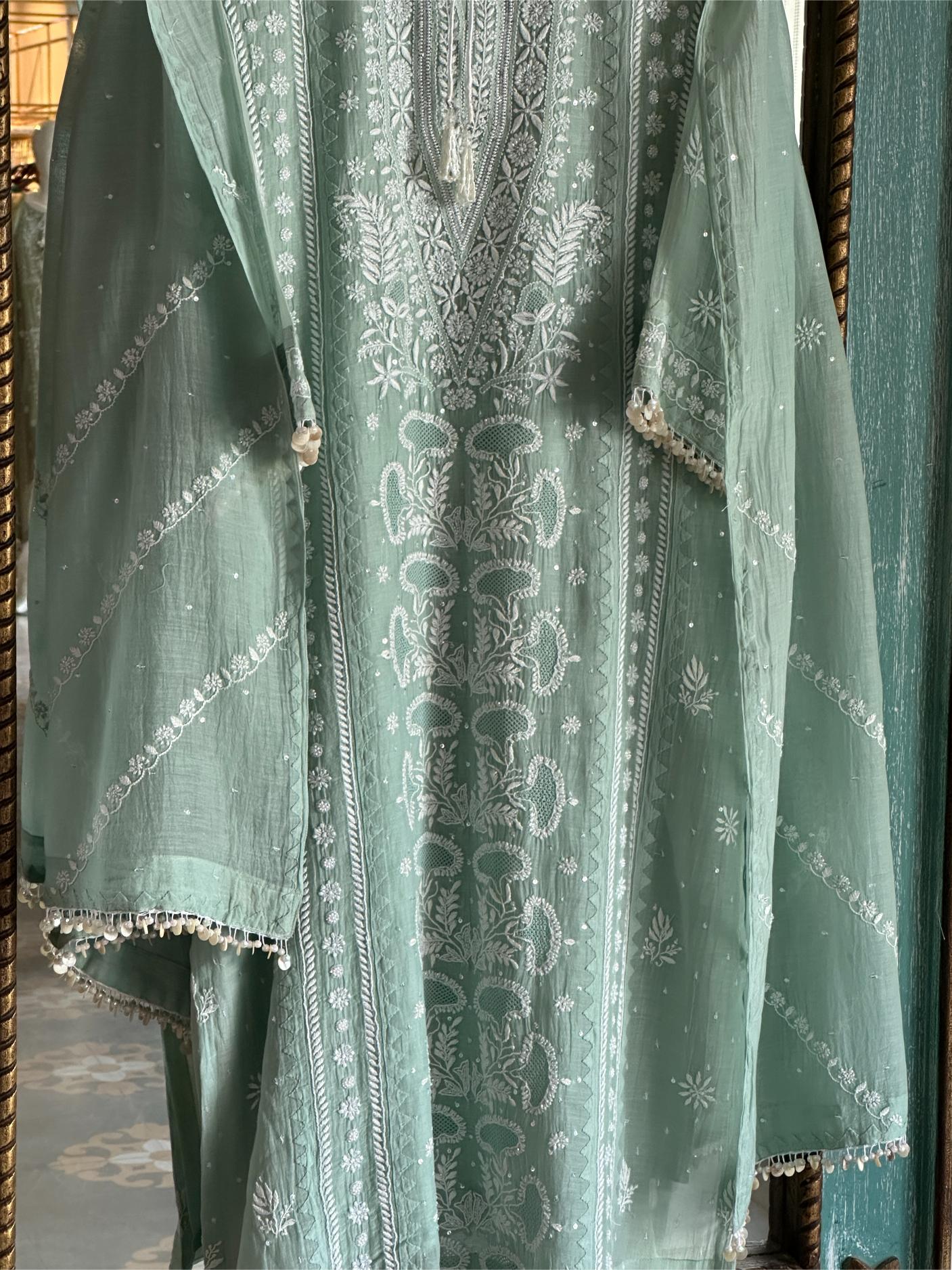 Sage Green Mulmul Pearl White Chikankari Ready to Wear Kurta Set
