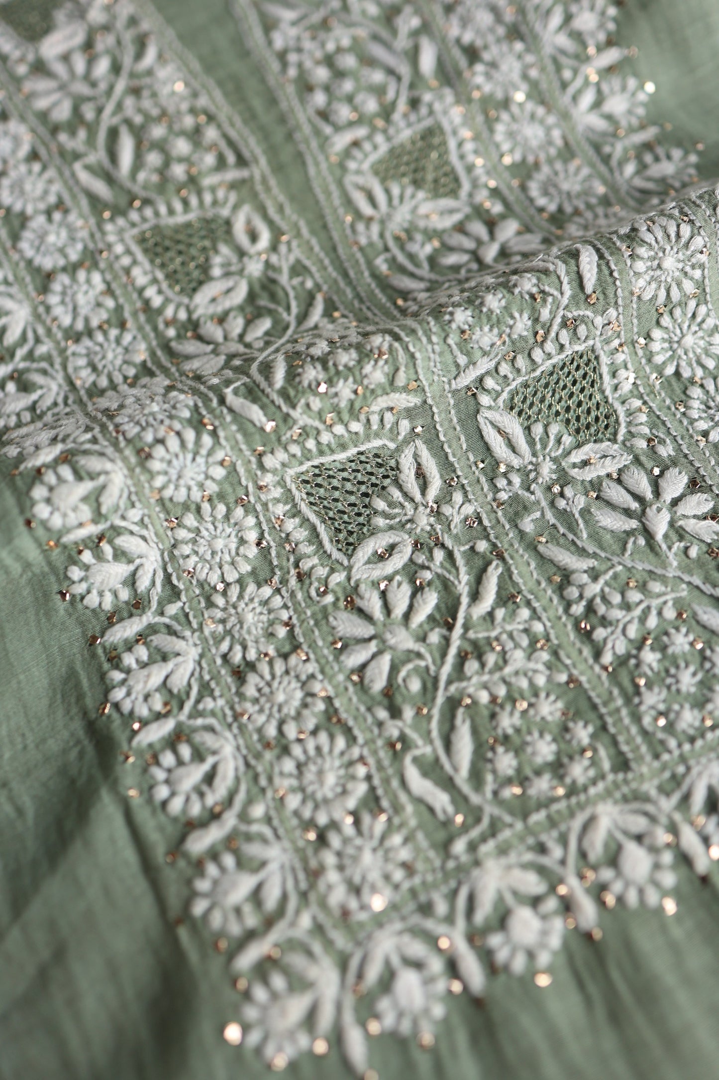 Sage Green Shade Mal Cotton Chikankari Unstitched Fabrics With Kamdani