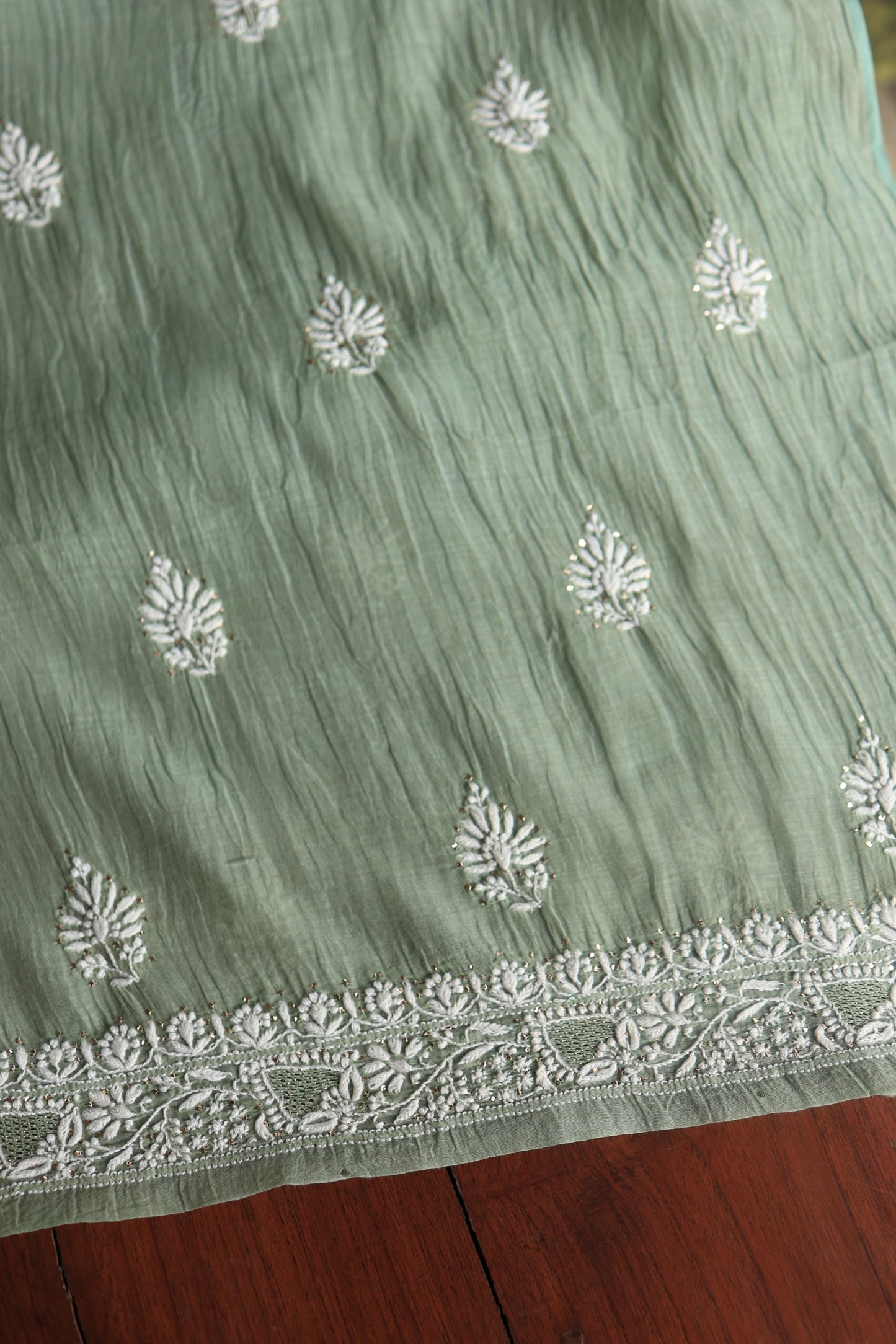 Sage Green Shade Mal Cotton Chikankari Unstitched Fabrics With Kamdani