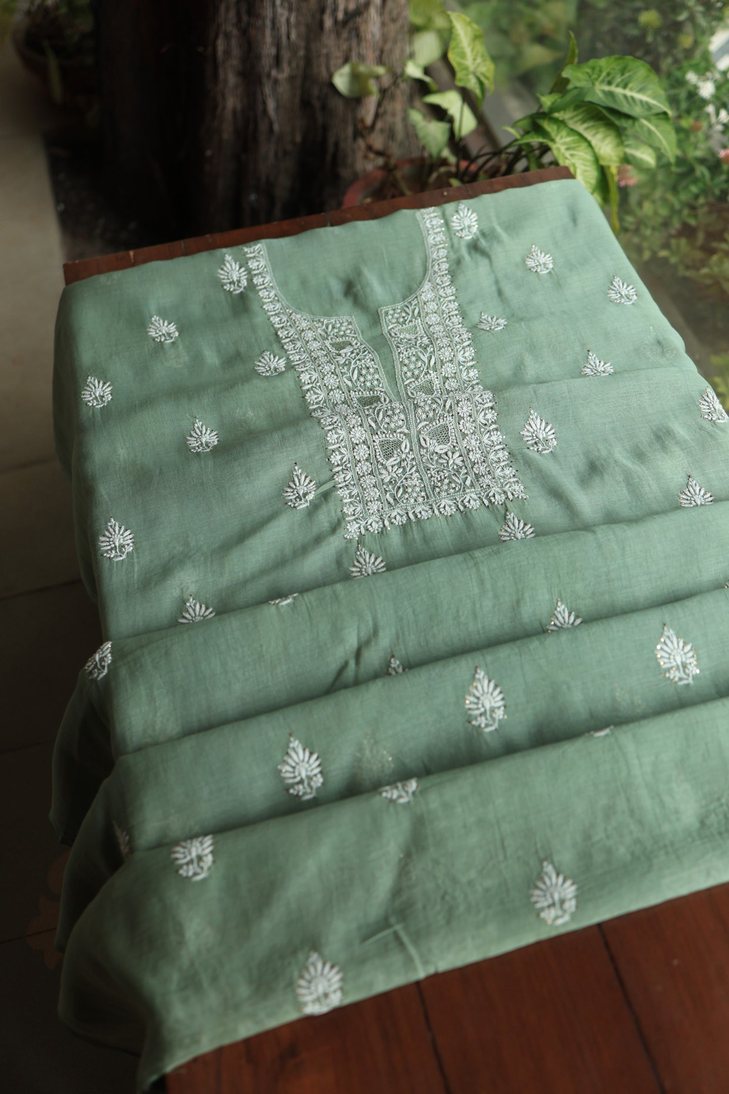 Sage Green Shade Mal Cotton Chikankari Unstitched Fabrics With Kamdani