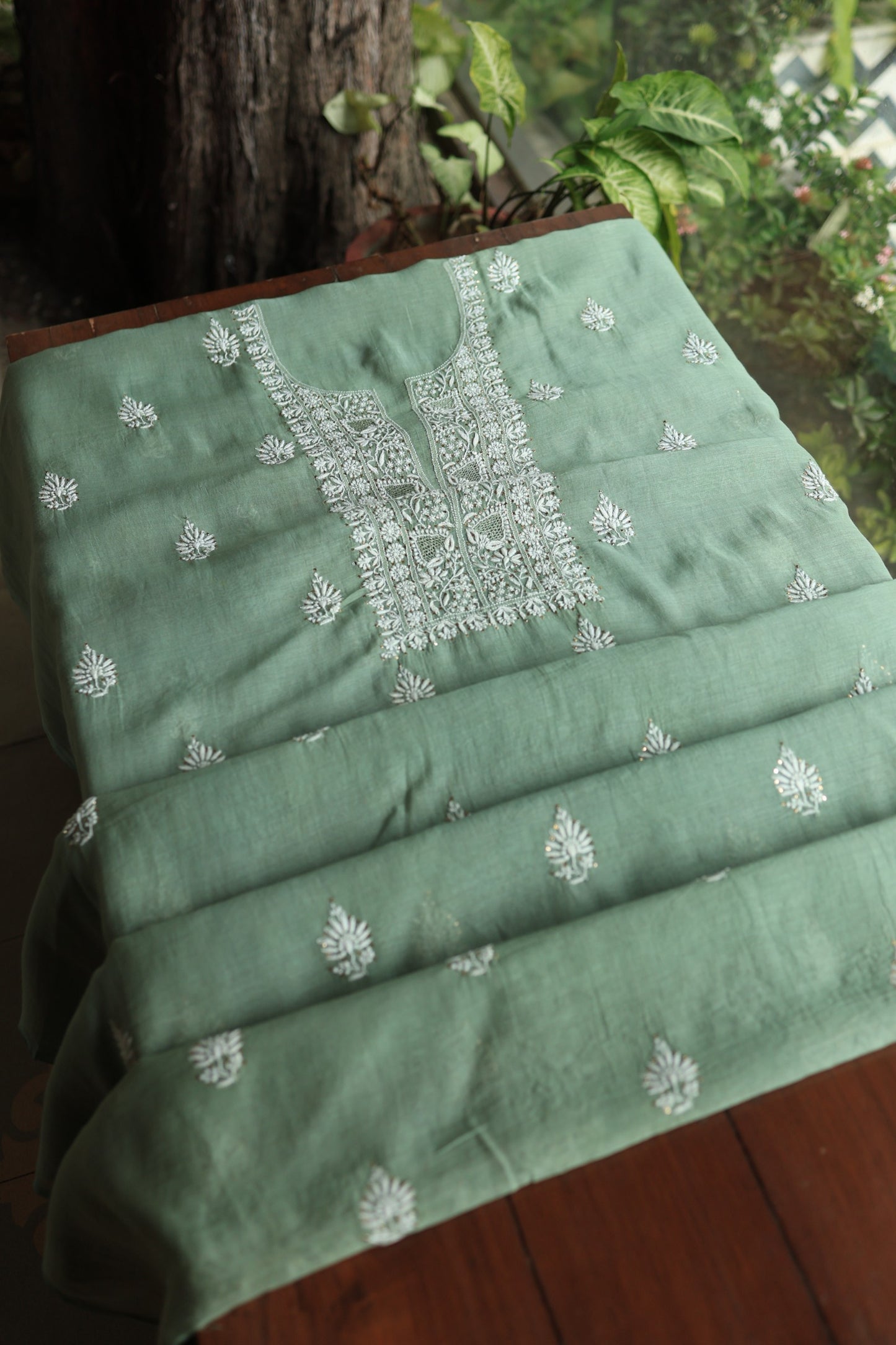 Sage Green Shade Mal Cotton Chikankari Unstitched Fabrics With Kamdani