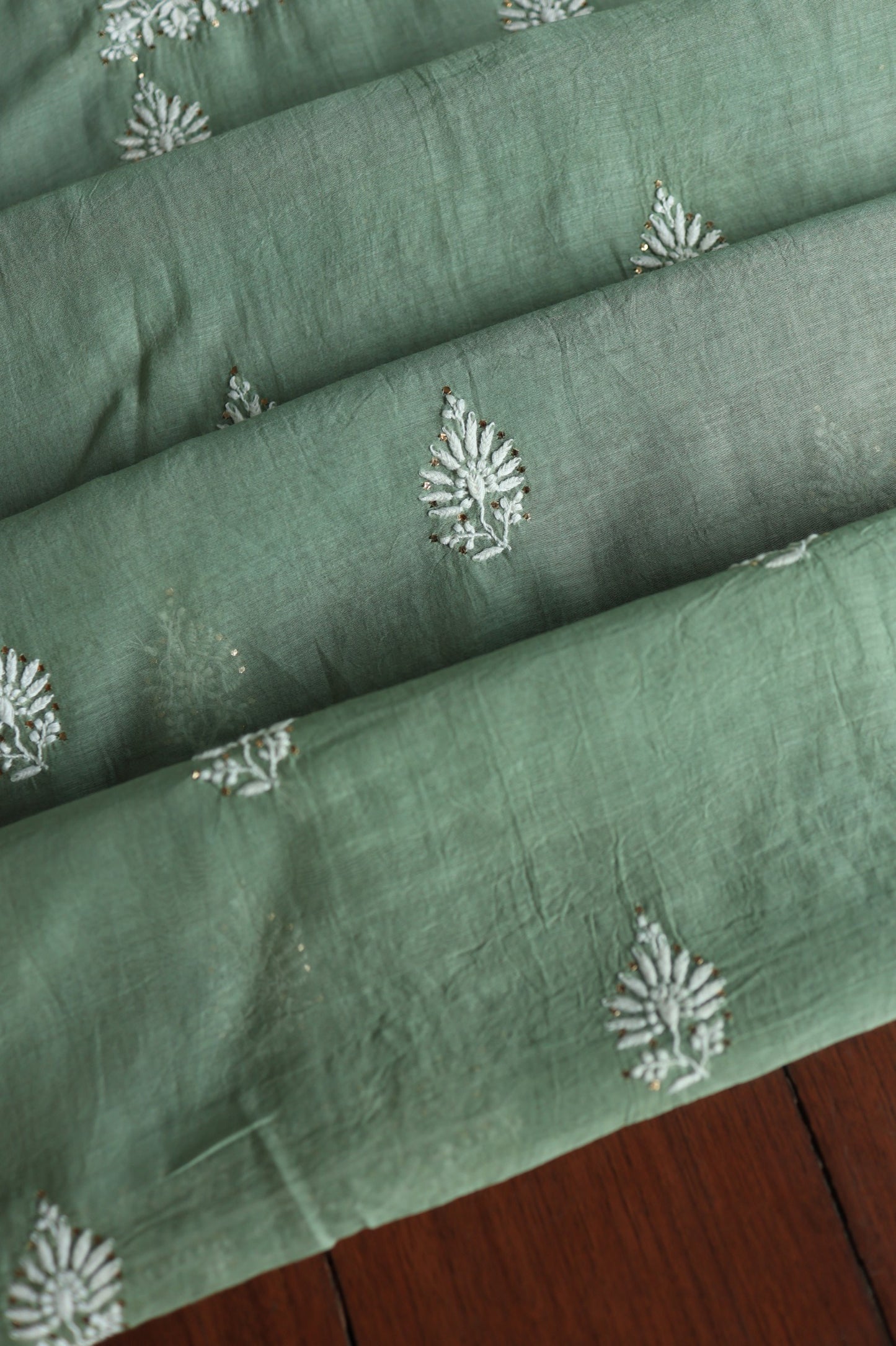 Sage Green Shade Mal Cotton Chikankari Unstitched Fabrics With Kamdani