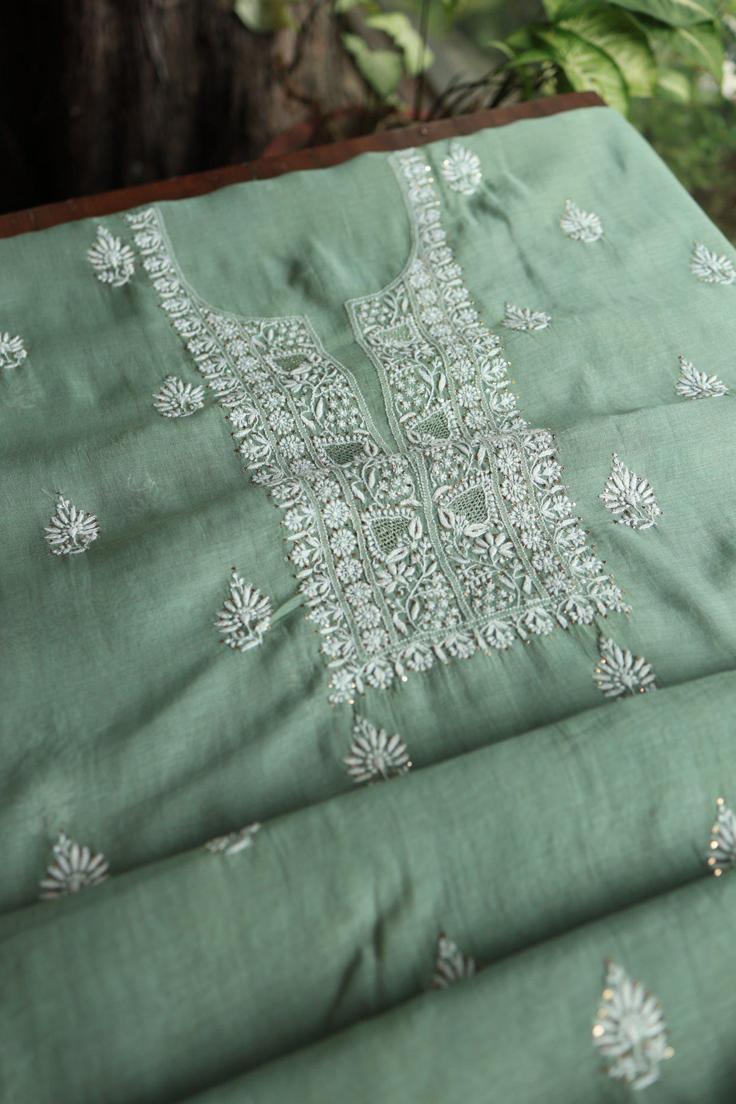 Sage Green Shade Mal Cotton Chikankari Unstitched Fabrics With Kamdani
