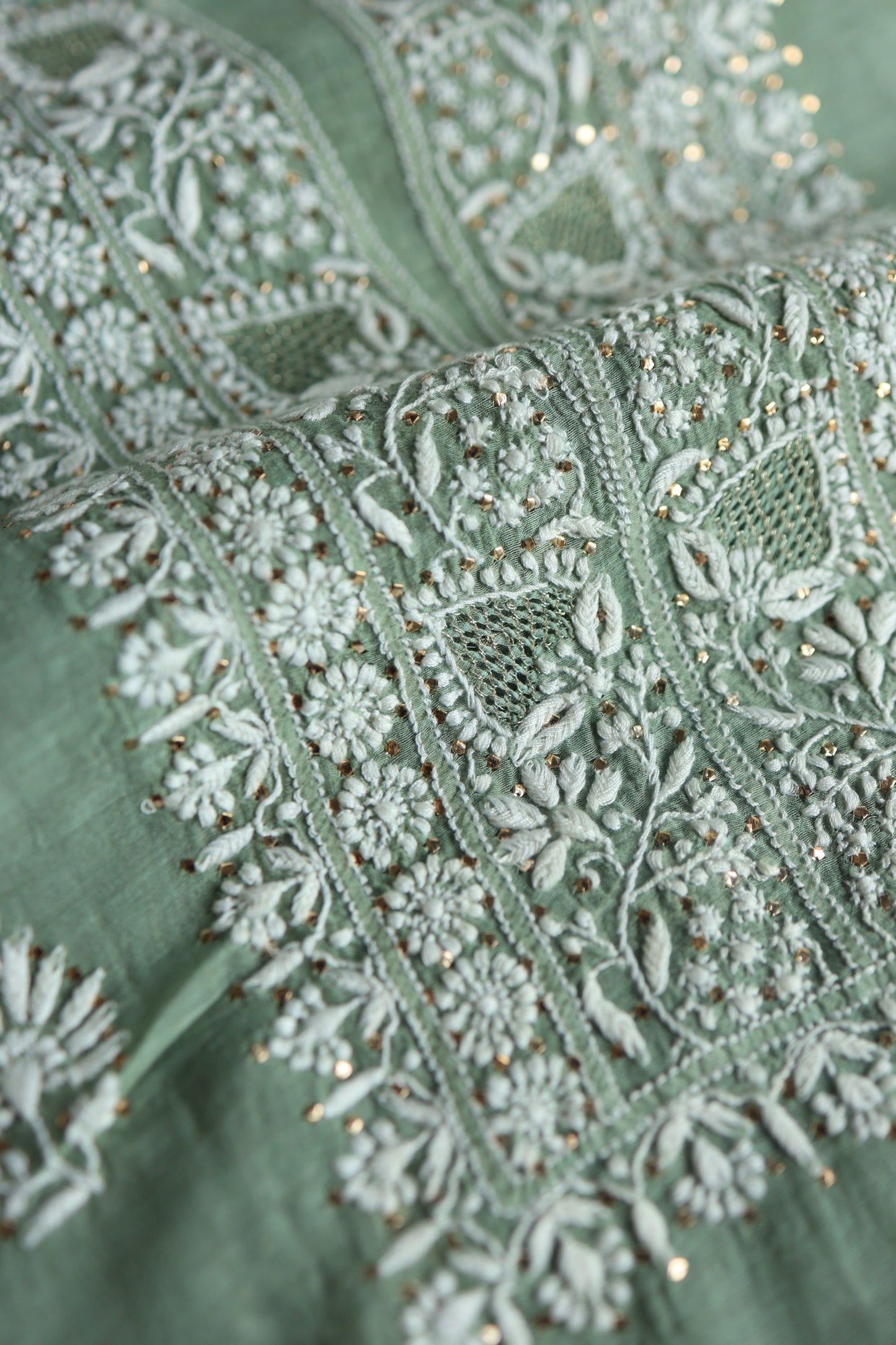 Sage Green Shade Mal Cotton Chikankari Unstitched Fabrics With Kamdani