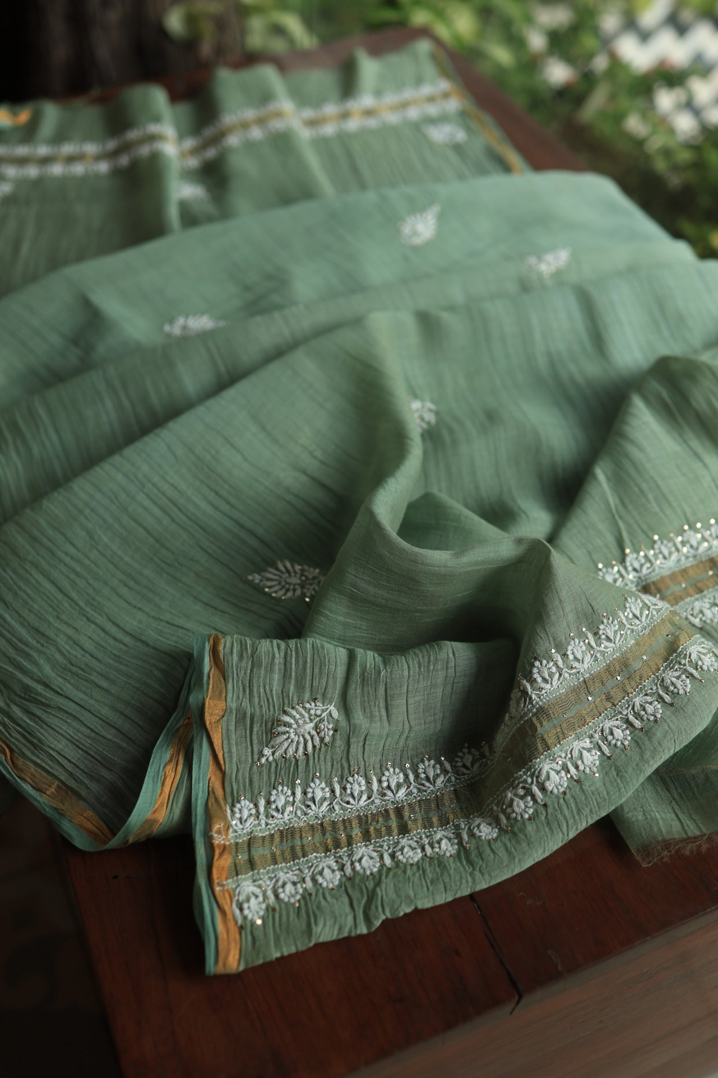 Sage Green Shade Mal Cotton Chikankari Unstitched Fabrics With Kamdani