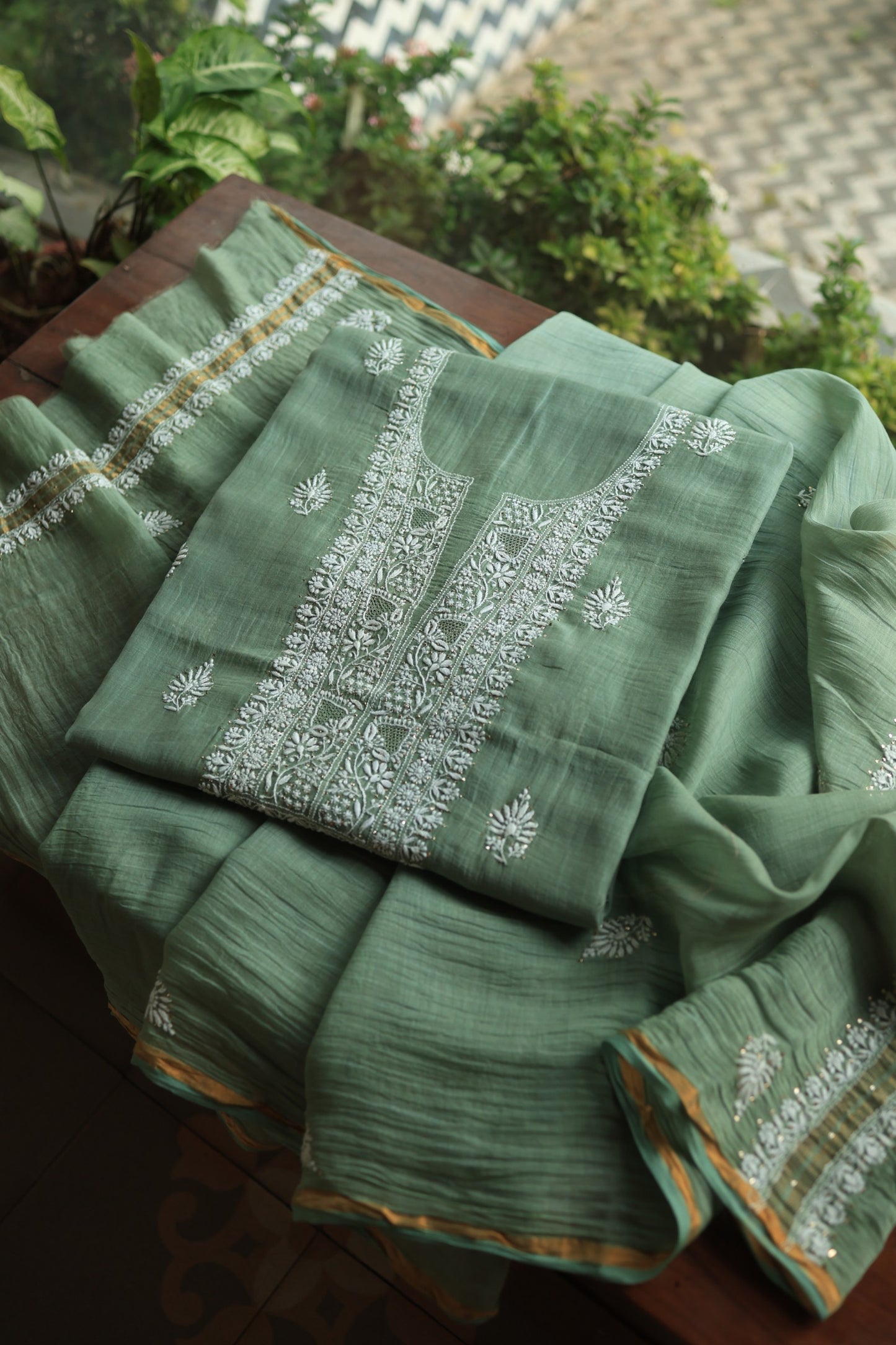 Sage Green Shade Mal Cotton Chikankari Unstitched Fabrics With Kamdani