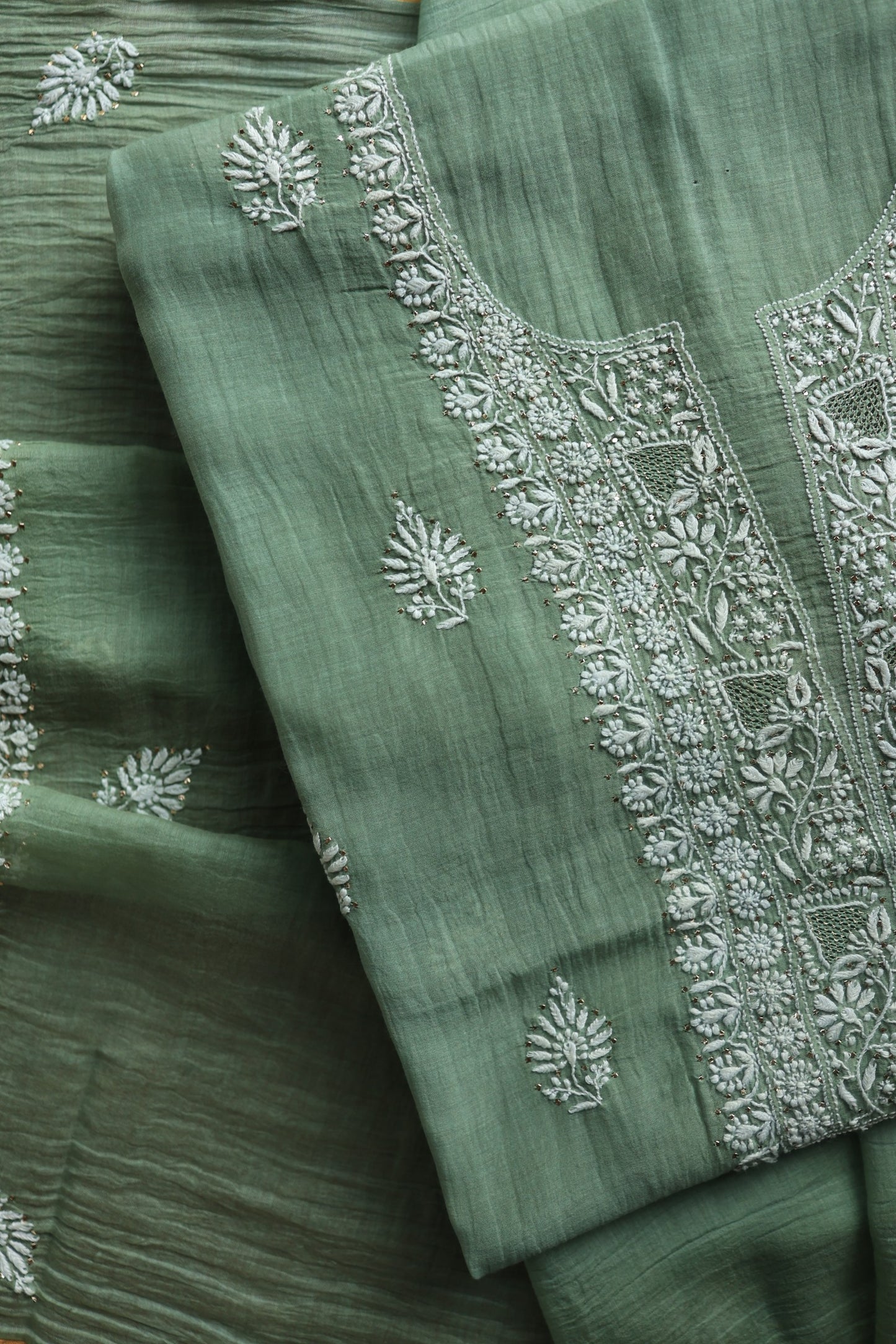Sage Green Shade Mal Cotton Chikankari Unstitched Fabrics With Kamdani