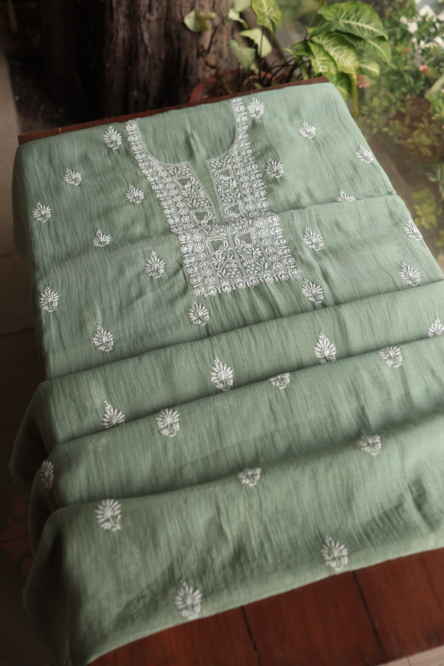 Sage Green Shade Mal Cotton Chikankari Unstitched Fabrics With Kamdani