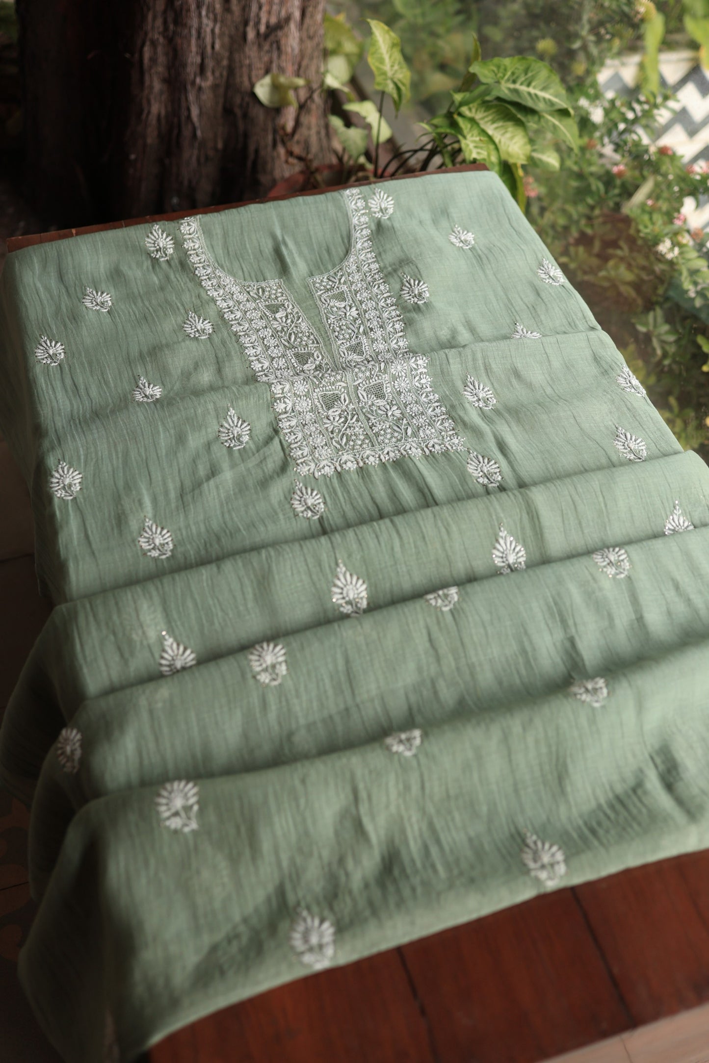 Sage Green Shade Mal Cotton Chikankari Unstitched Fabrics With Kamdani