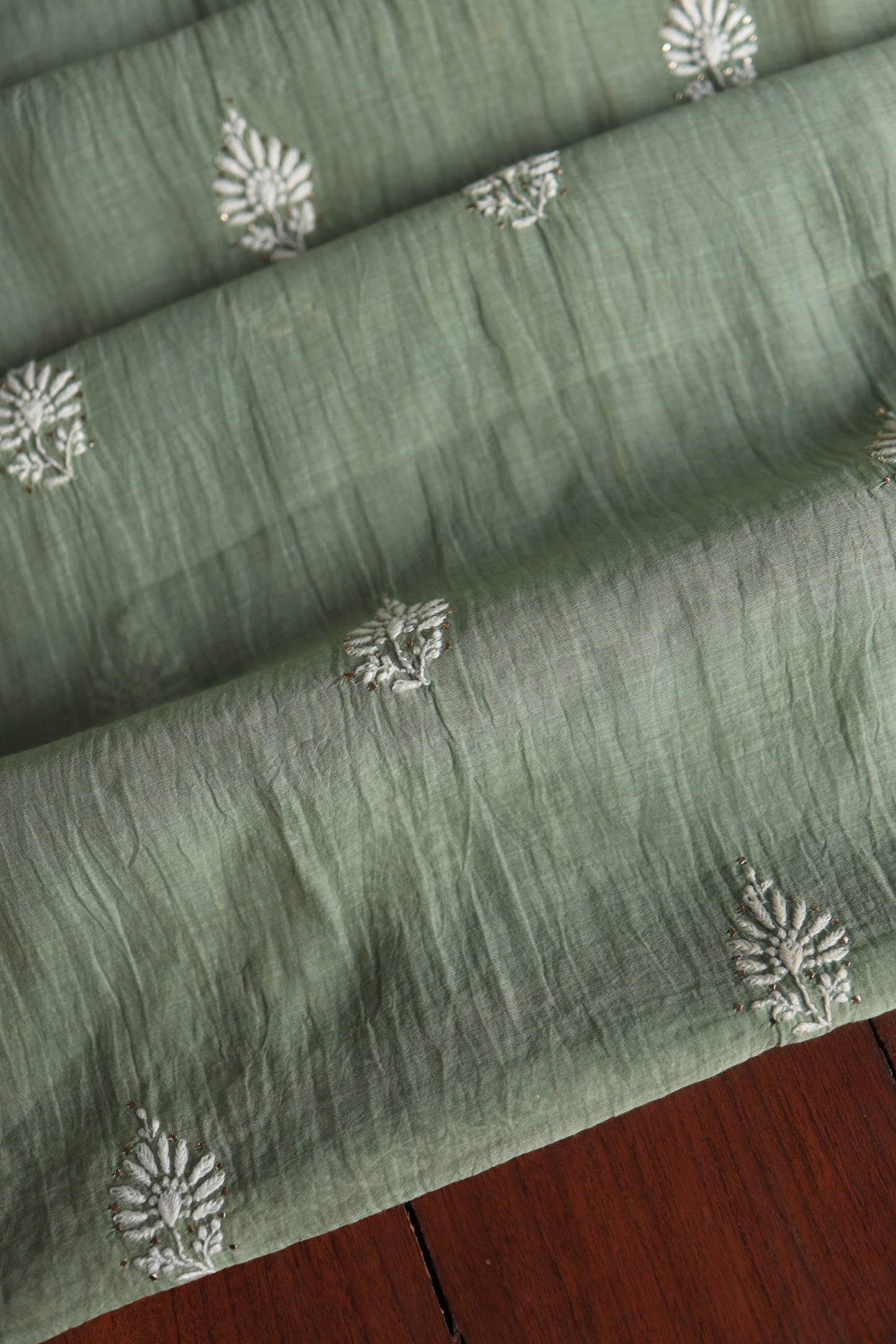 Sage Green Shade Mal Cotton Chikankari Unstitched Fabrics With Kamdani