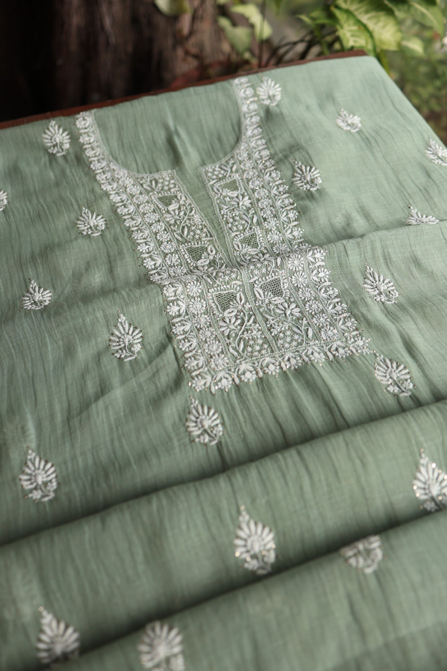 Sage Green Shade Mal Cotton Chikankari Unstitched Fabrics With Kamdani