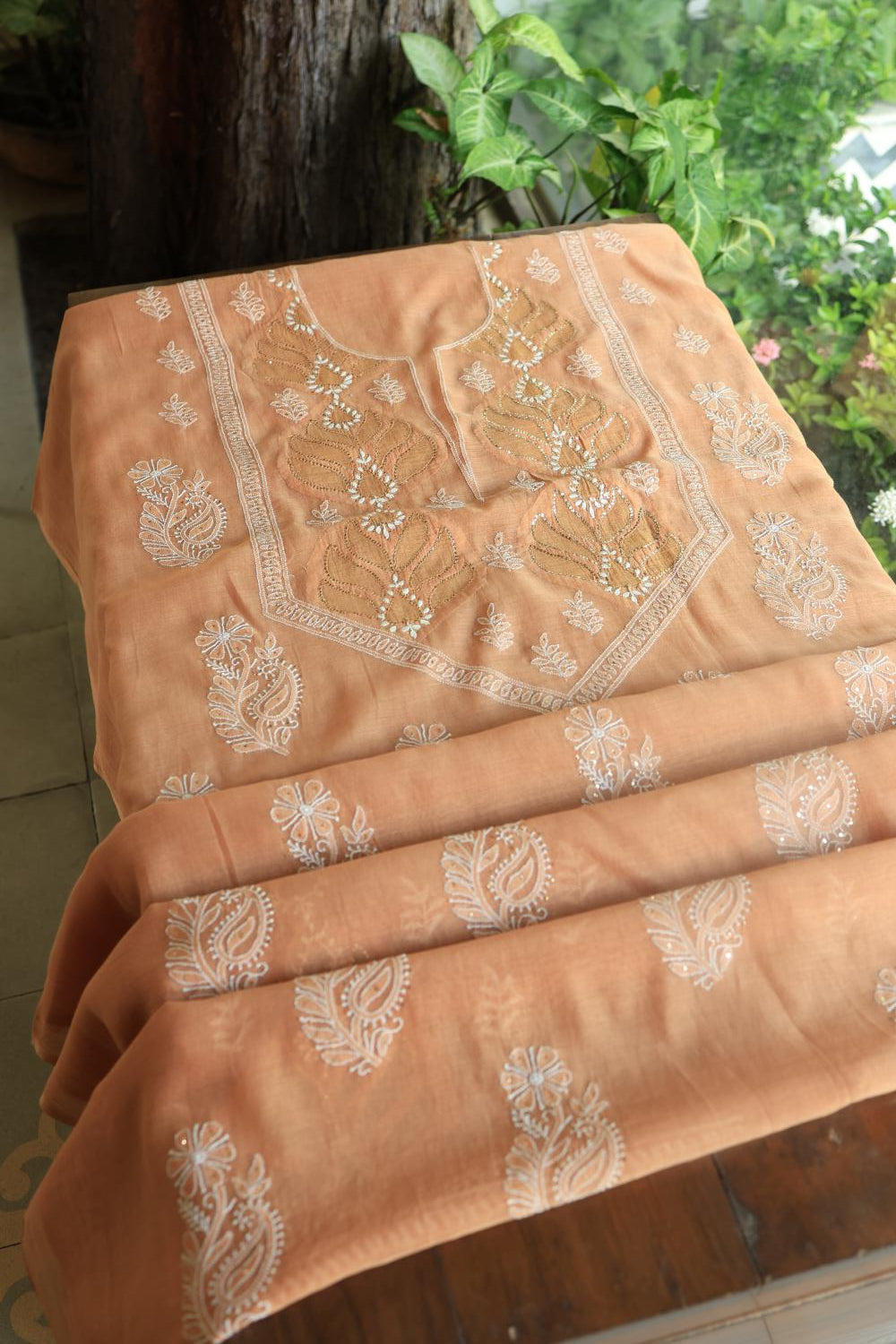 Salmom Peach Daraz Chanderi Chikankari Kurta Fabrics