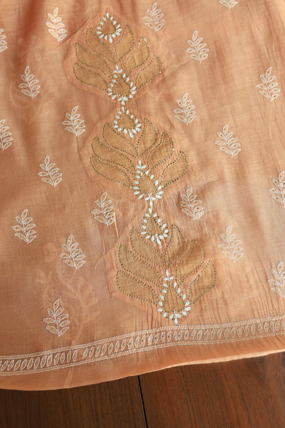 Salmom Peach Daraz Chanderi Chikankari Kurta Fabrics