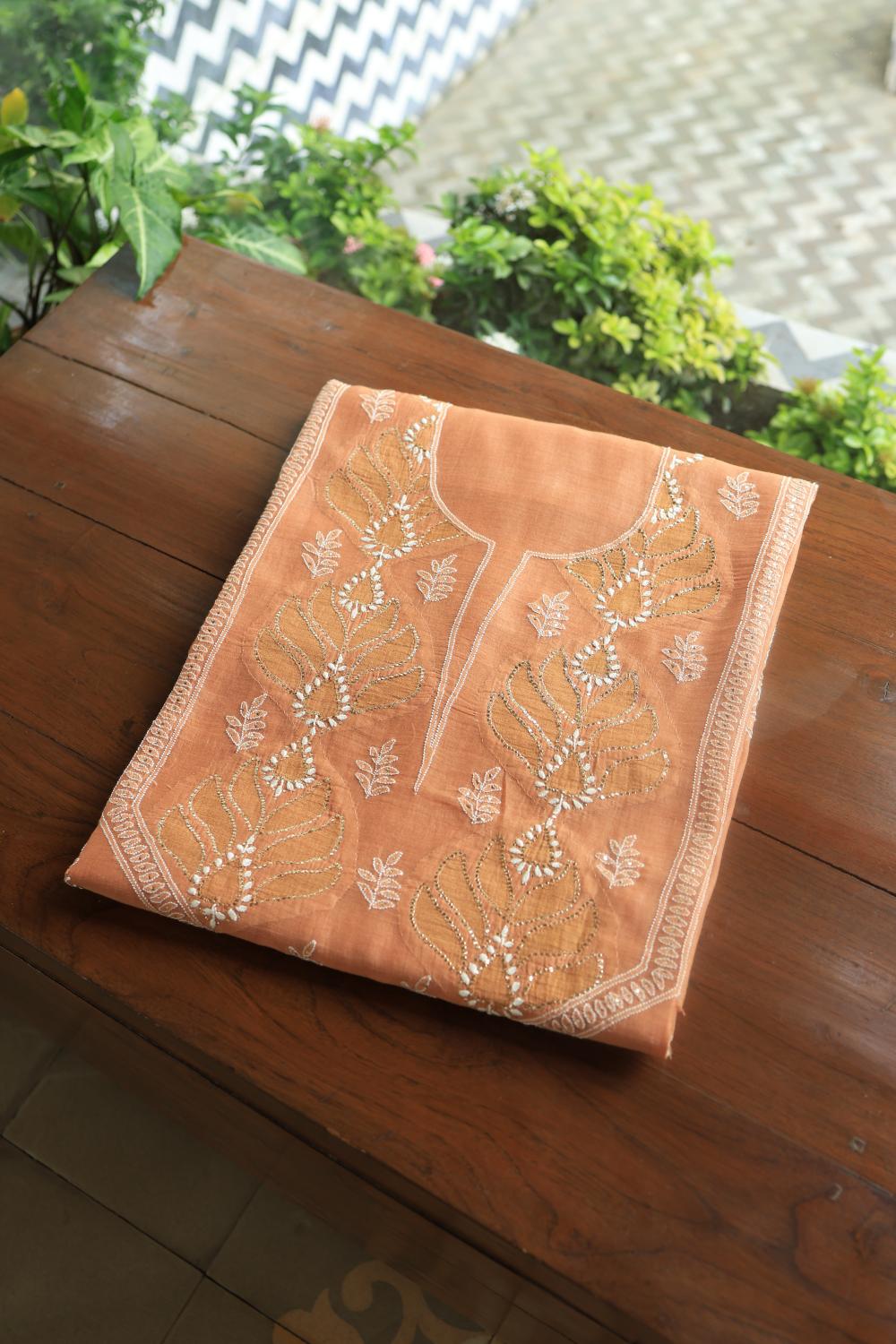 Salmom Peach Daraz Chanderi Chikankari Kurta Fabrics