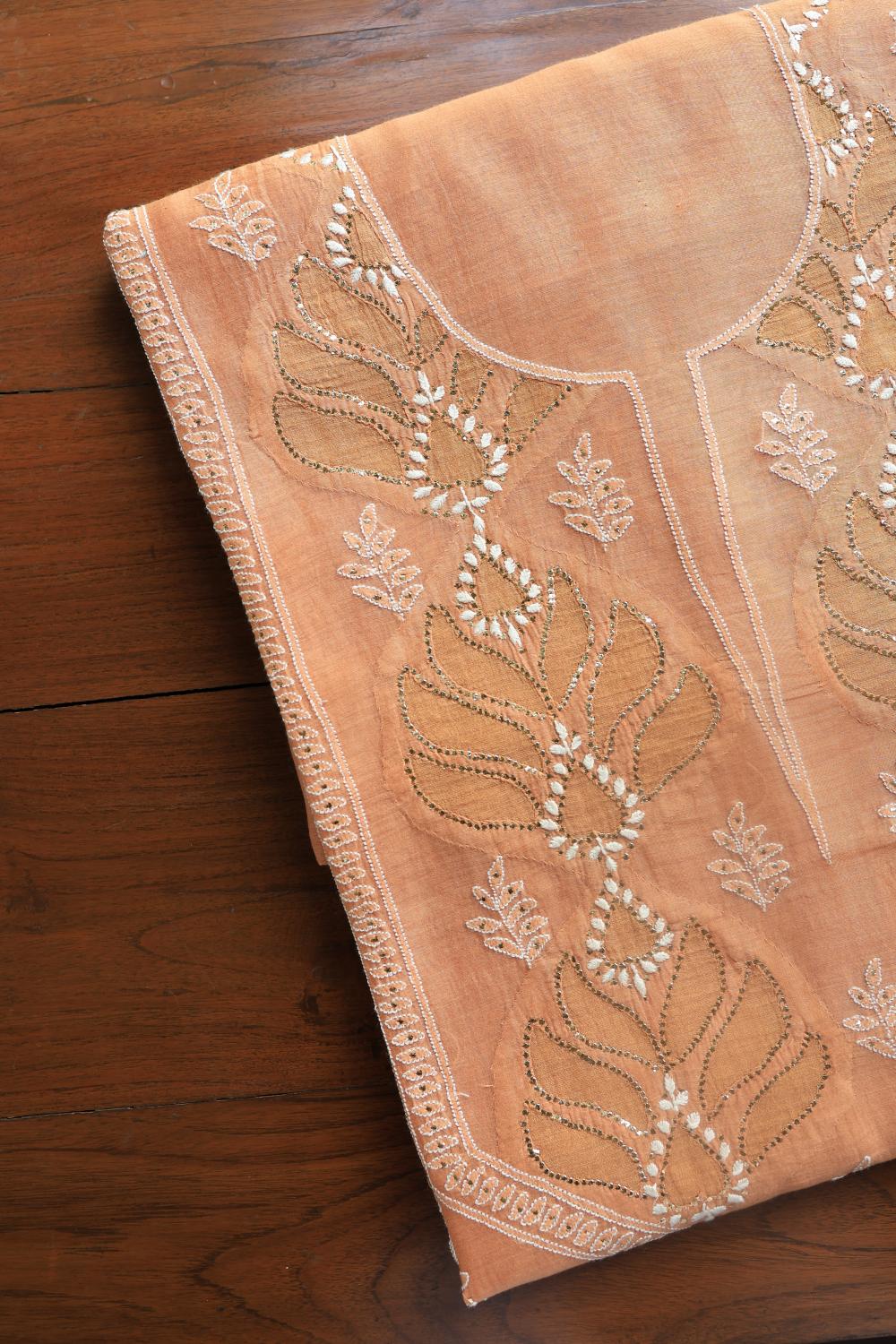Salmom Peach Daraz Chanderi Chikankari Kurta Fabrics