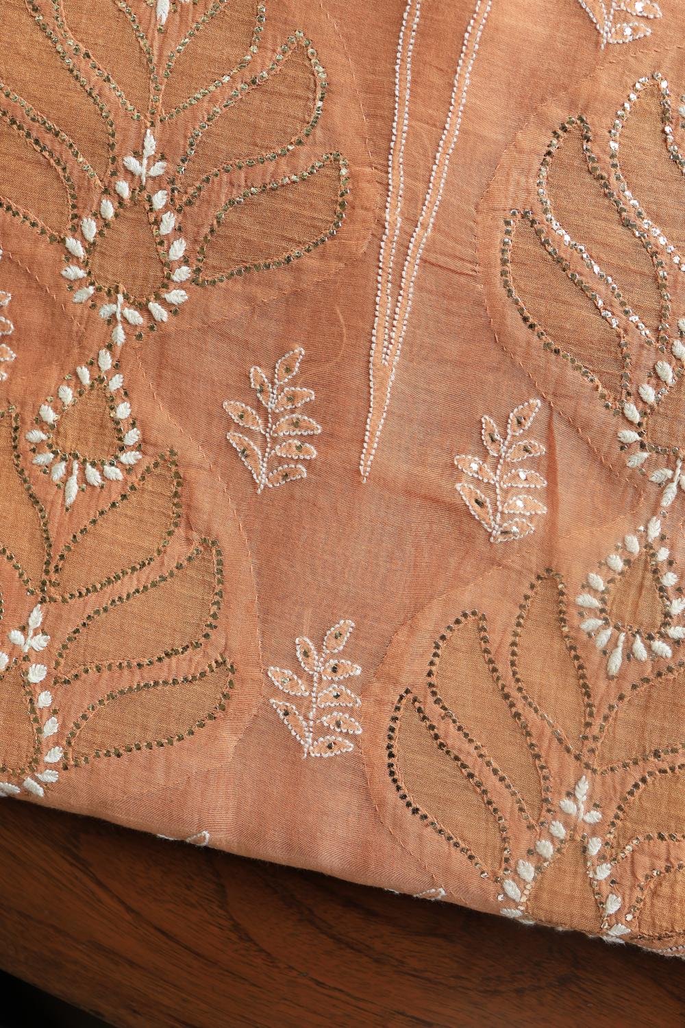 Salmom Peach Daraz Chanderi Chikankari Kurta Fabrics