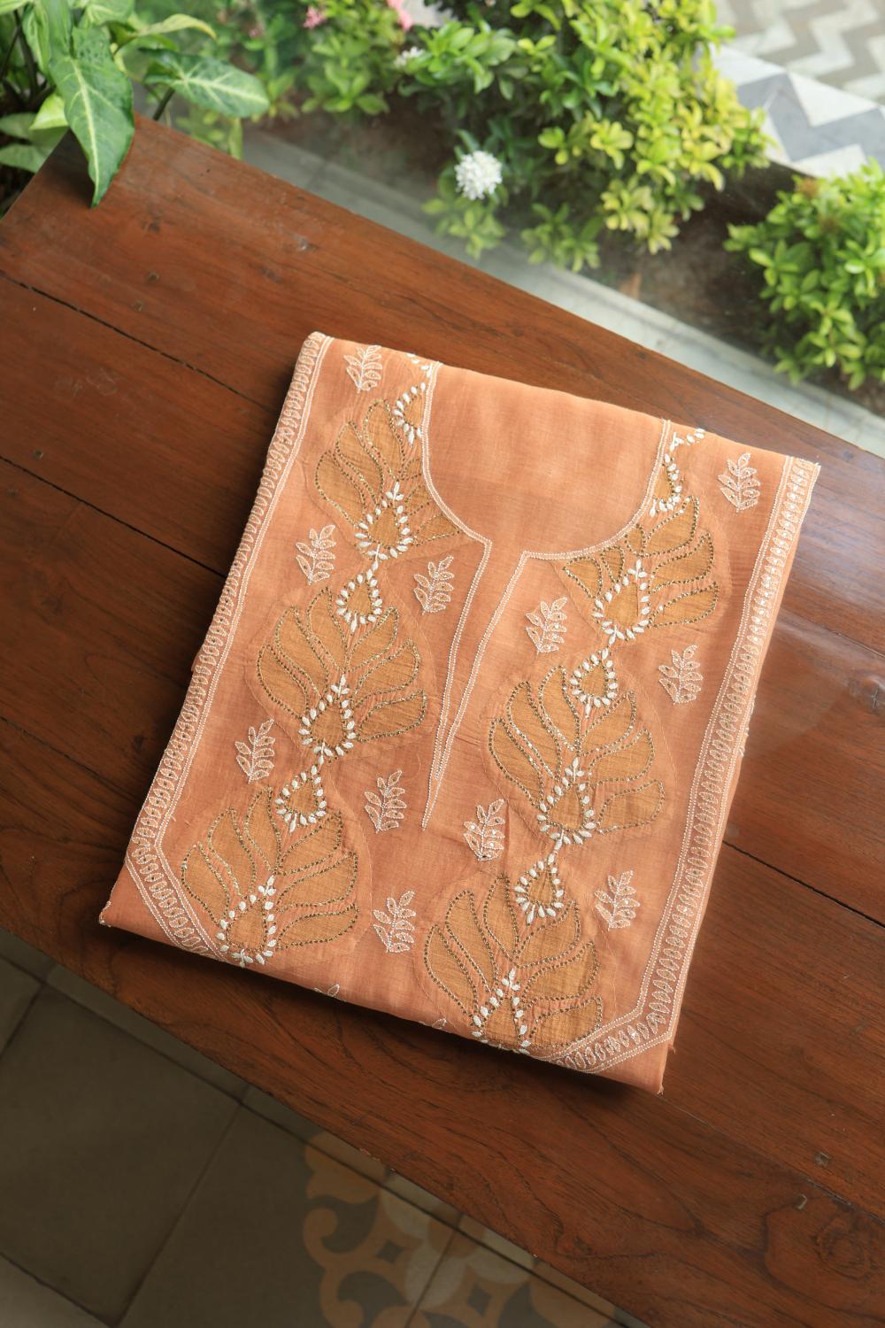 Salmom Peach Daraz Chanderi Chikankari Kurta Fabrics