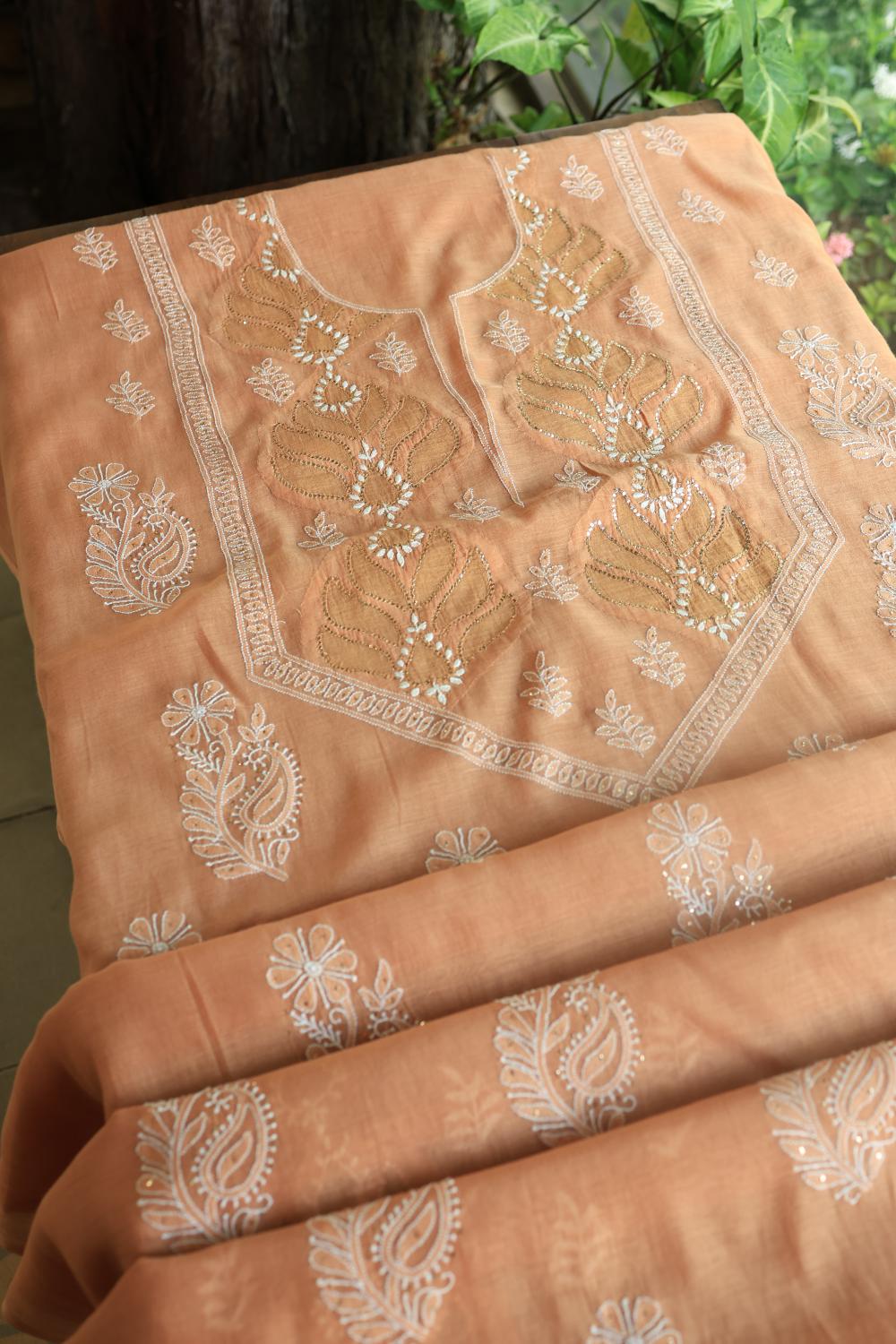 Salmom Peach Daraz Chanderi Chikankari Kurta Fabrics