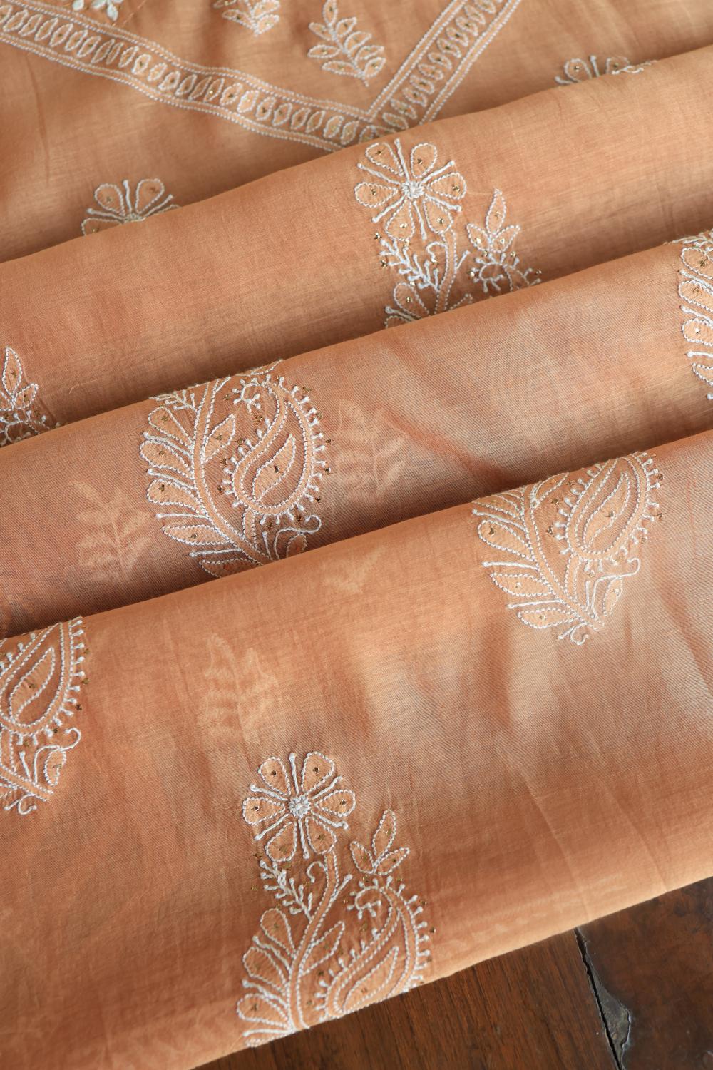 Salmom Peach Daraz Chanderi Chikankari Kurta Fabrics