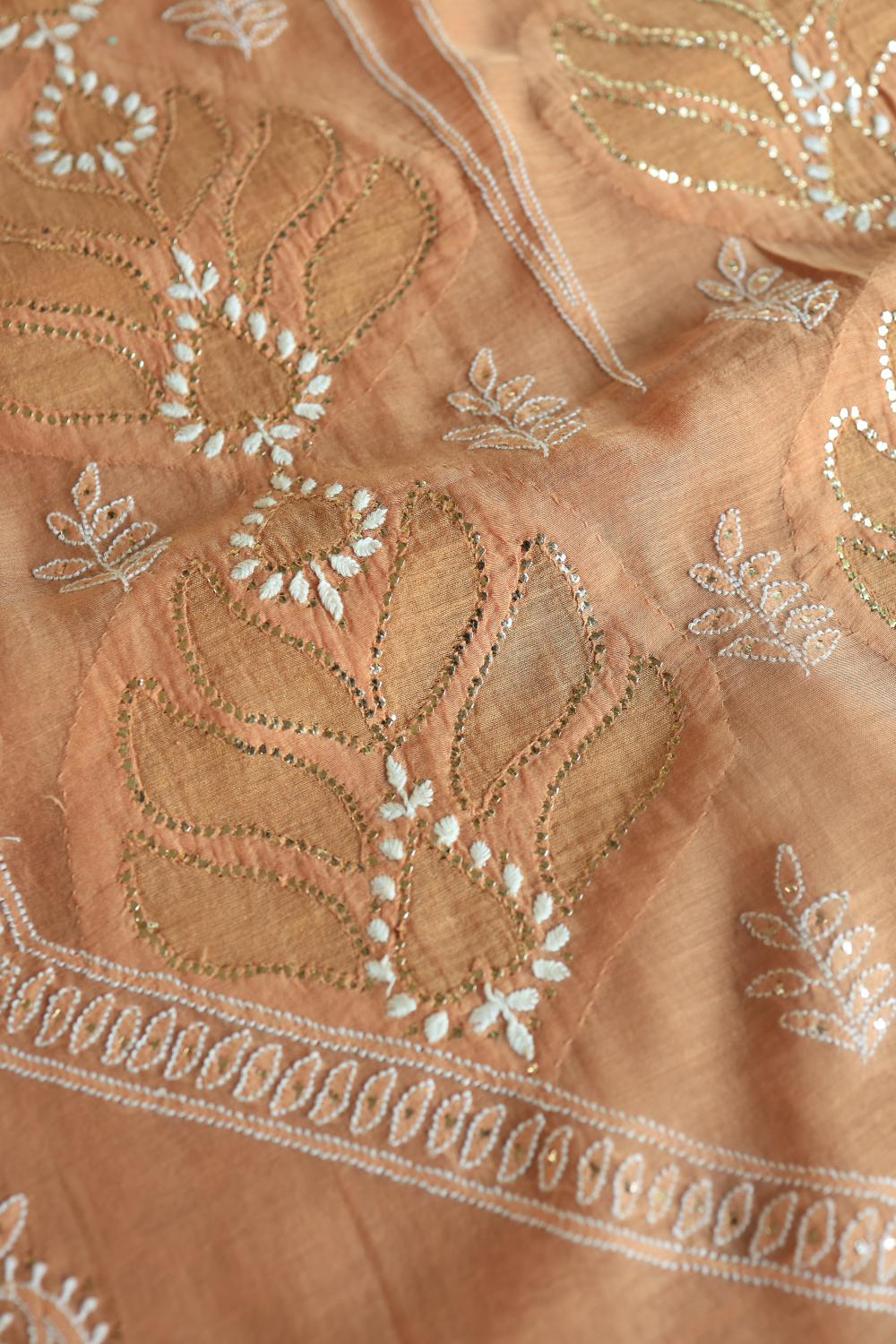 Salmom Peach Daraz Chanderi Chikankari Kurta Fabrics