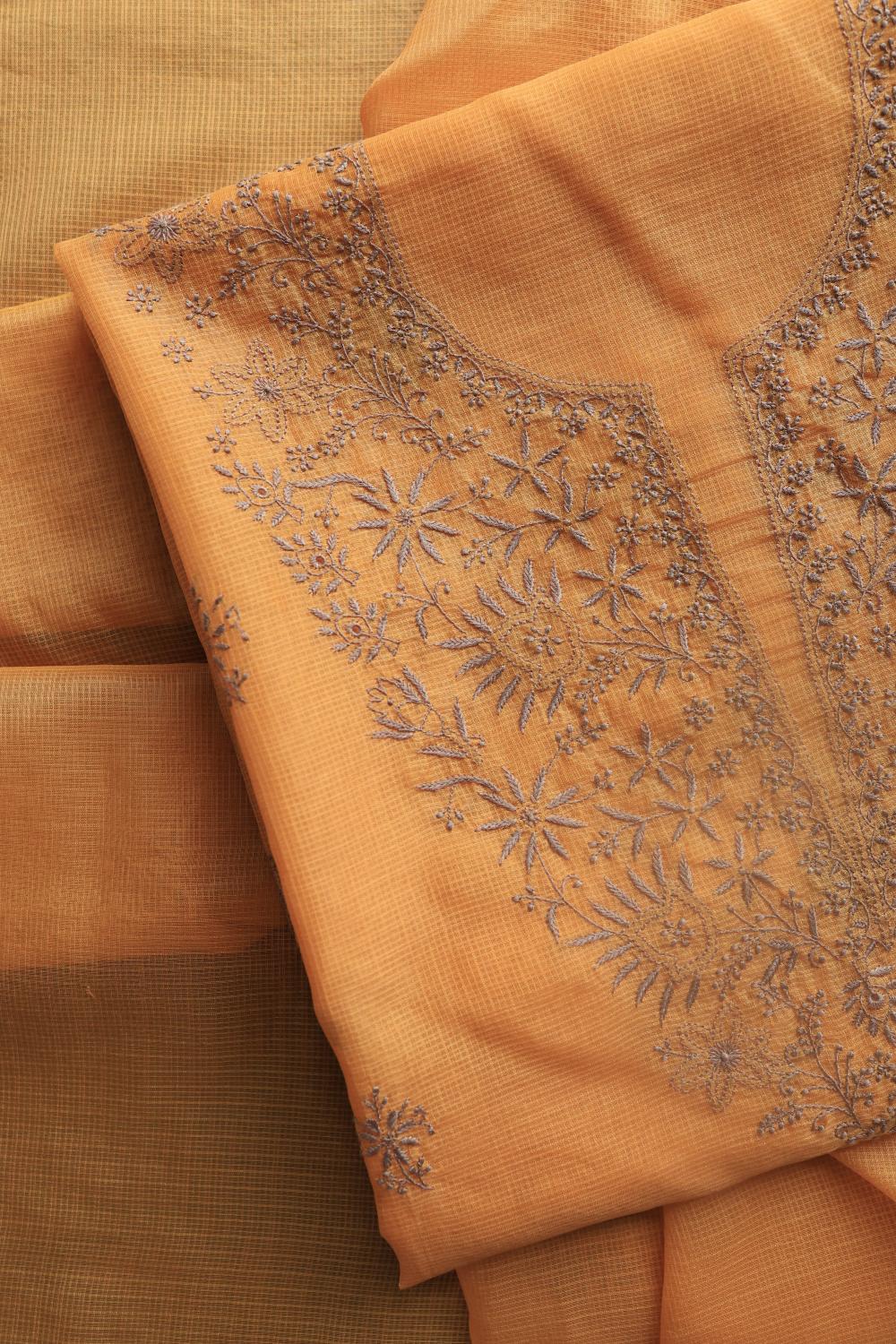 Salmon Peach Kota Chikankari Unstitched Fabric