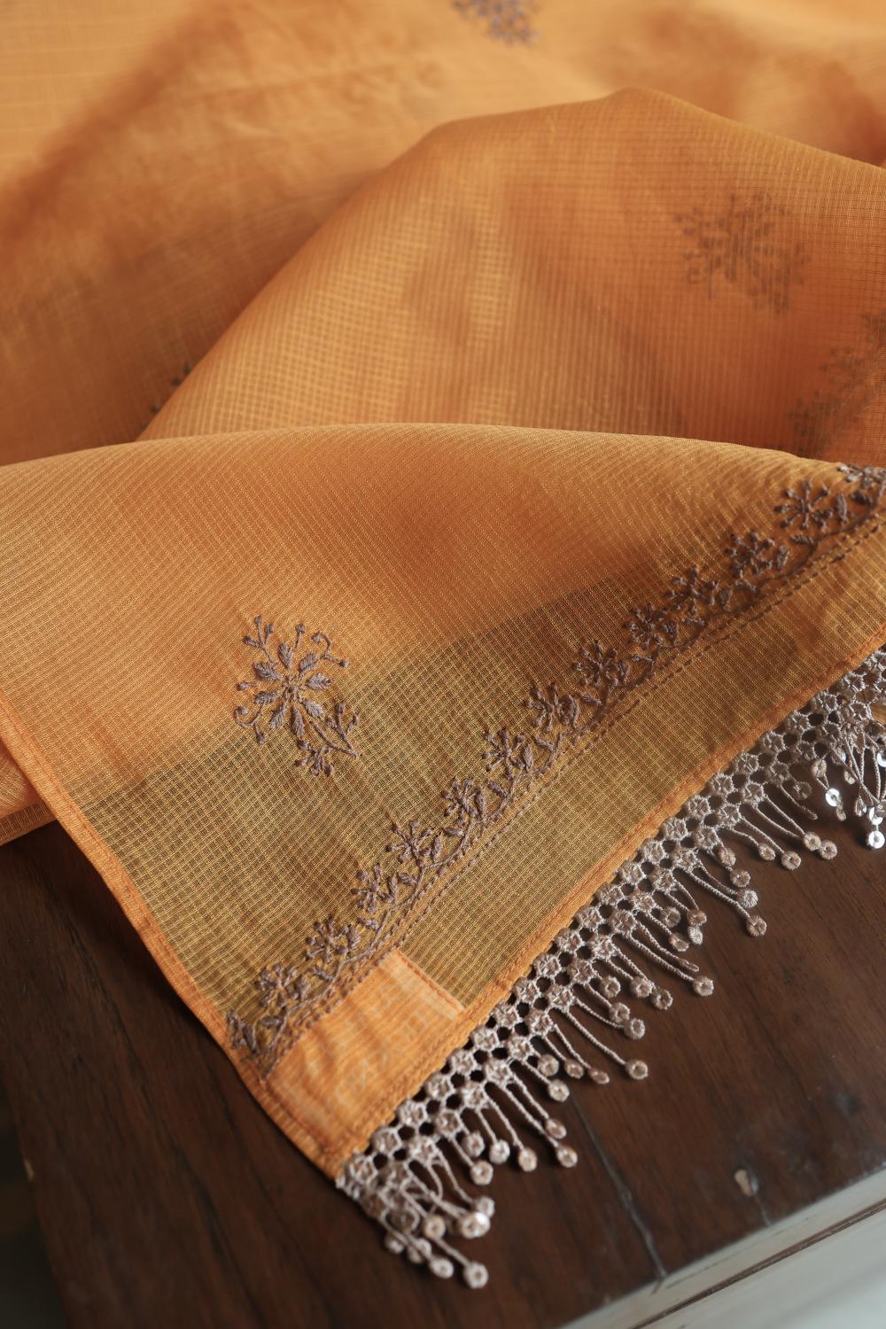 Salmon Peach Kota Chikankari Unstitched Fabric
