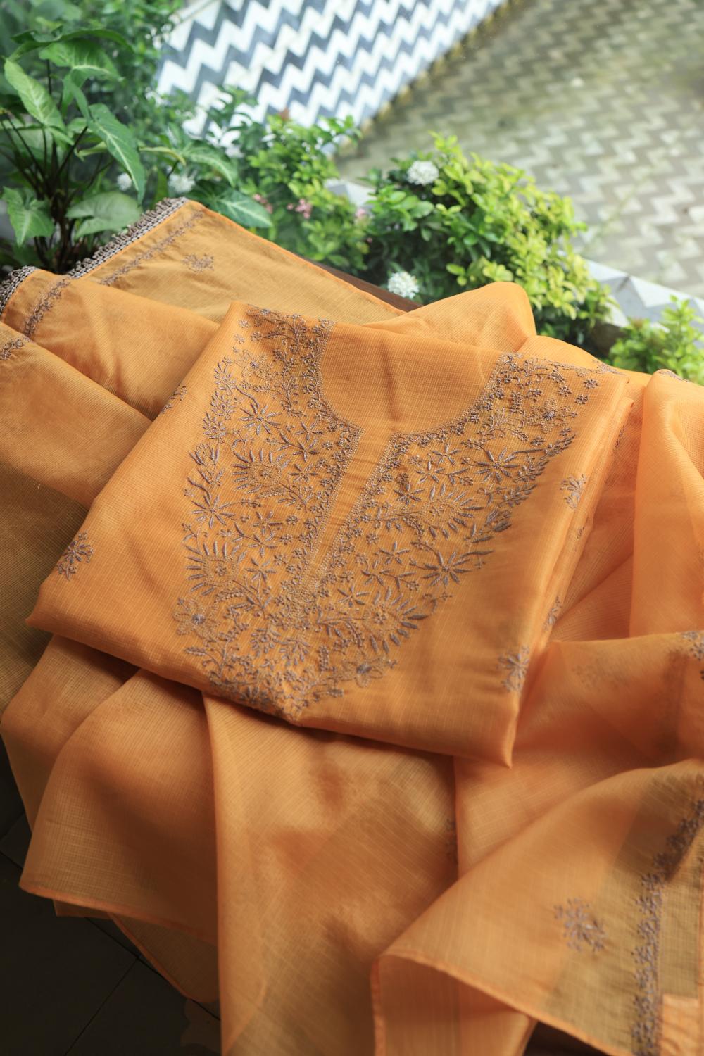 Salmon Peach Kota Chikankari Unstitched Fabric