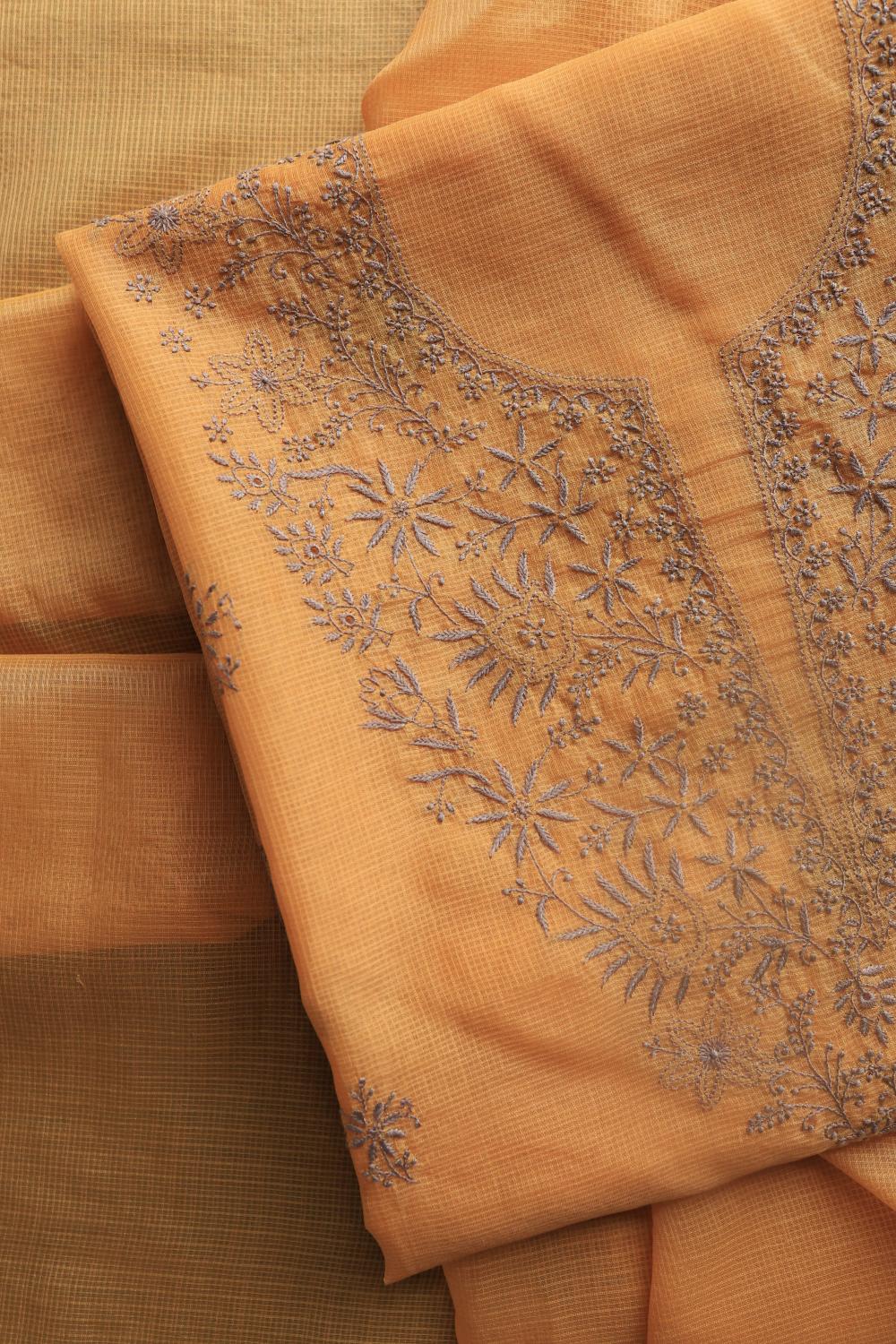 Salmon Peach Kota Chikankari Unstitched Fabric
