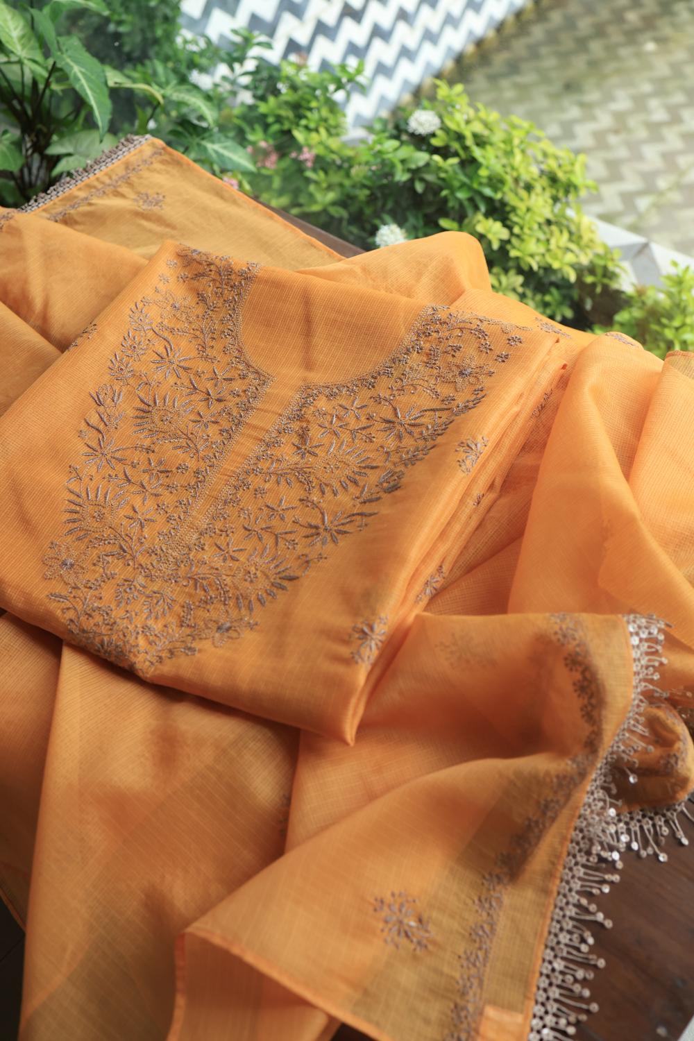 Salmon Peach Kota Chikankari Unstitched Fabric