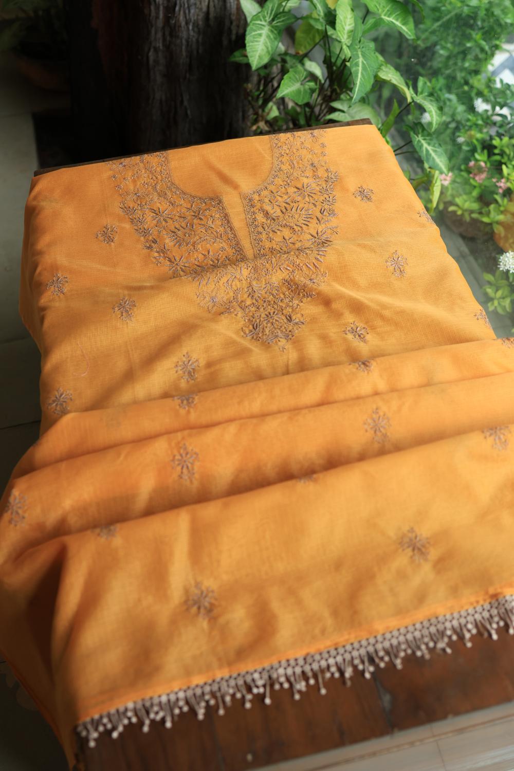 Salmon Peach Kota Chikankari Unstitched Fabric