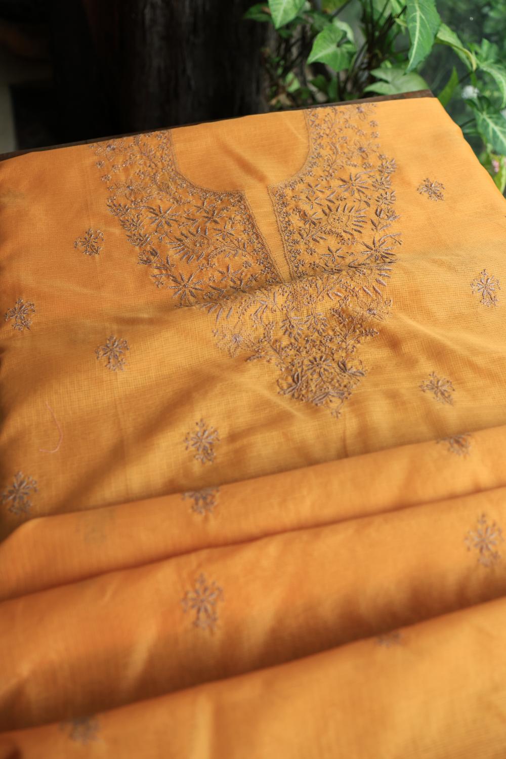 Salmon Peach Kota Chikankari Unstitched Fabric