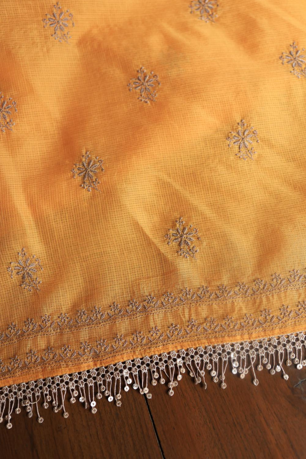 Salmon Peach Kota Chikankari Unstitched Fabric