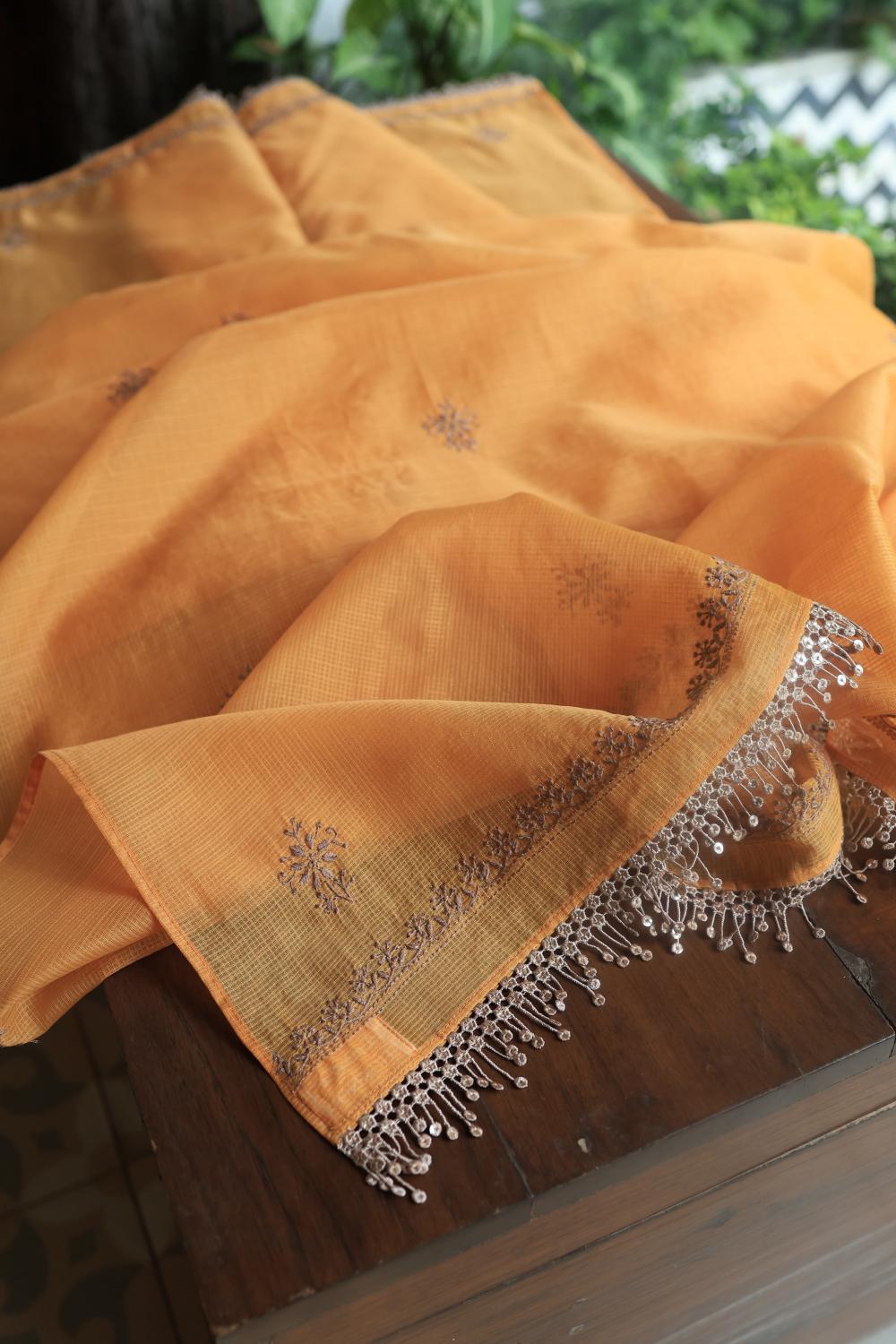 Salmon Peach Kota Chikankari Unstitched Fabric