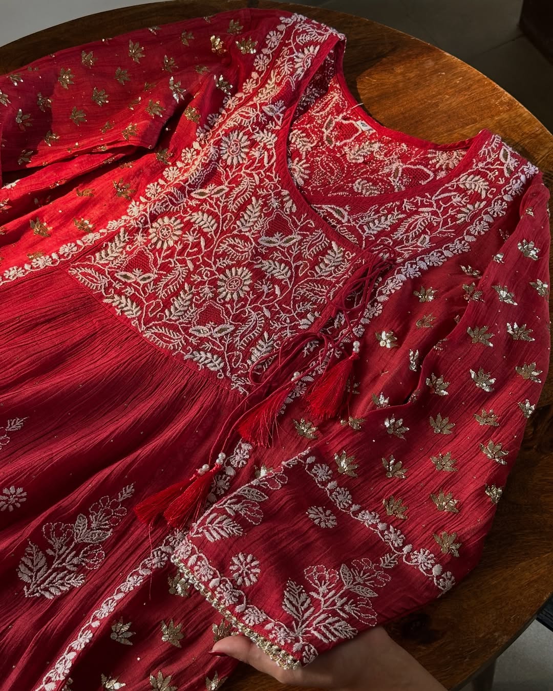 Saman Watermelon Red | Malmal Mukaish Chikankari Angarkha