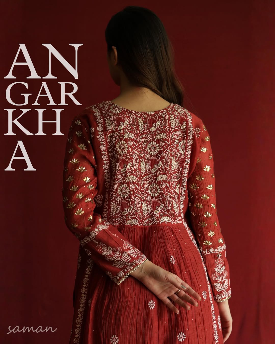Saman Watermelon Red | Malmal Mukaish Chikankari Angarkha
