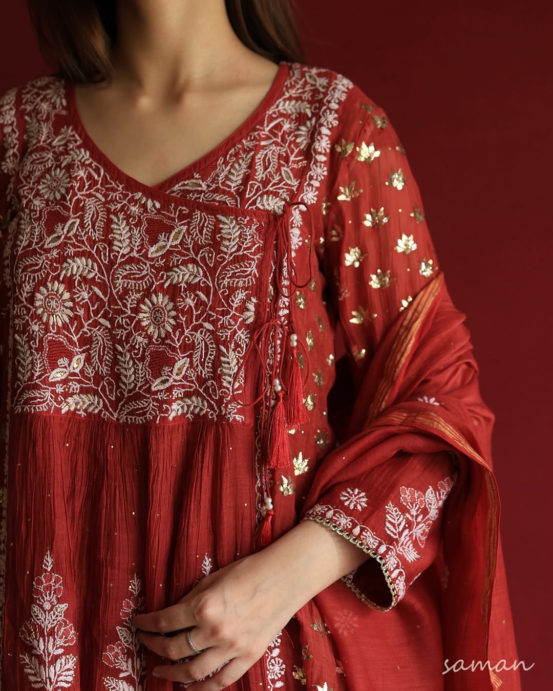 Saman Watermelon Red | Malmal Mukaish Chikankari Angarkha