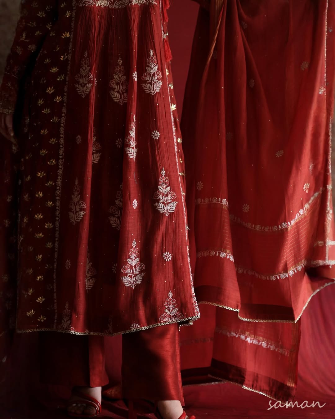 Saman Watermelon Red | Malmal Mukaish Chikankari Angarkha